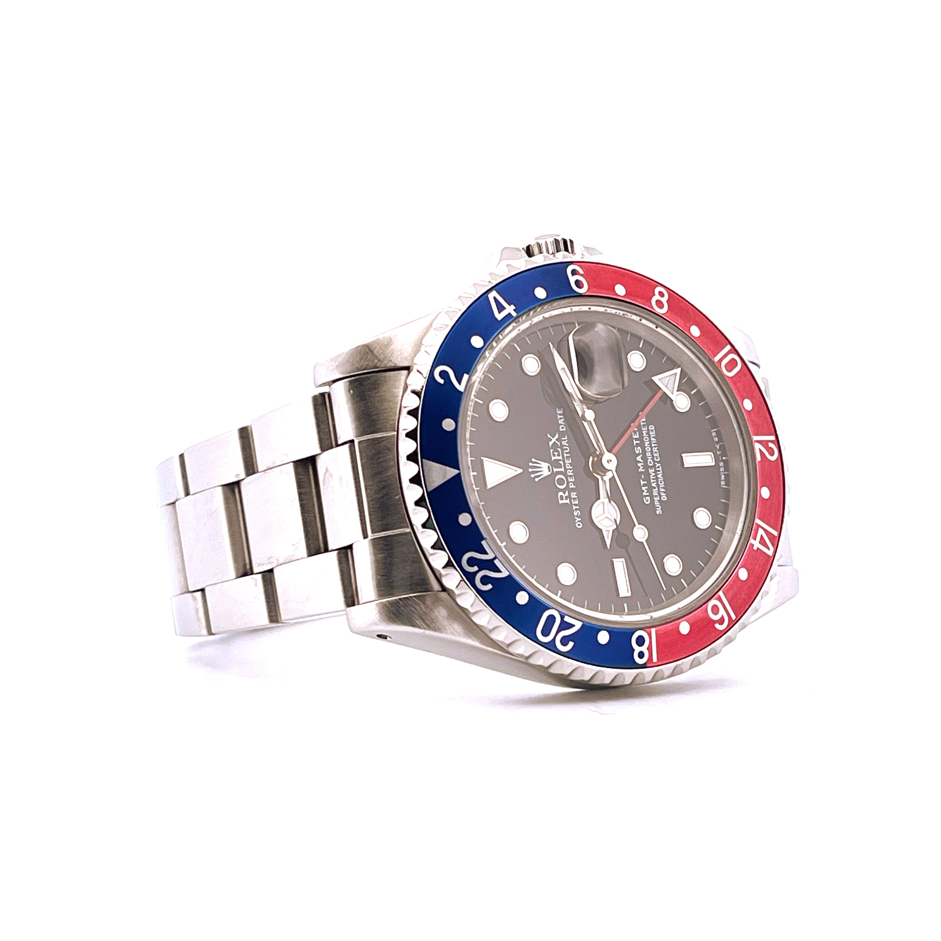Rolex GMT-Master Ref. 16700 Stahl Automatik mit Pepsi-Lünette von links im Detail auf weißem Hintergrund