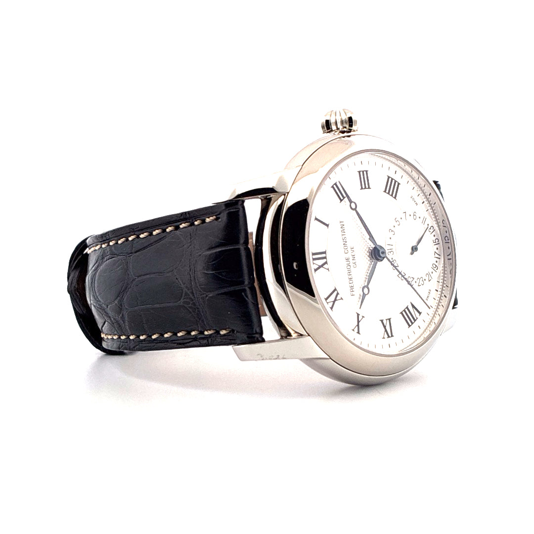 Frederique Constant Classics Manufacture, Edelstahlgehäuse mit schwarzem Lederarmband, weißes Zifferblatt