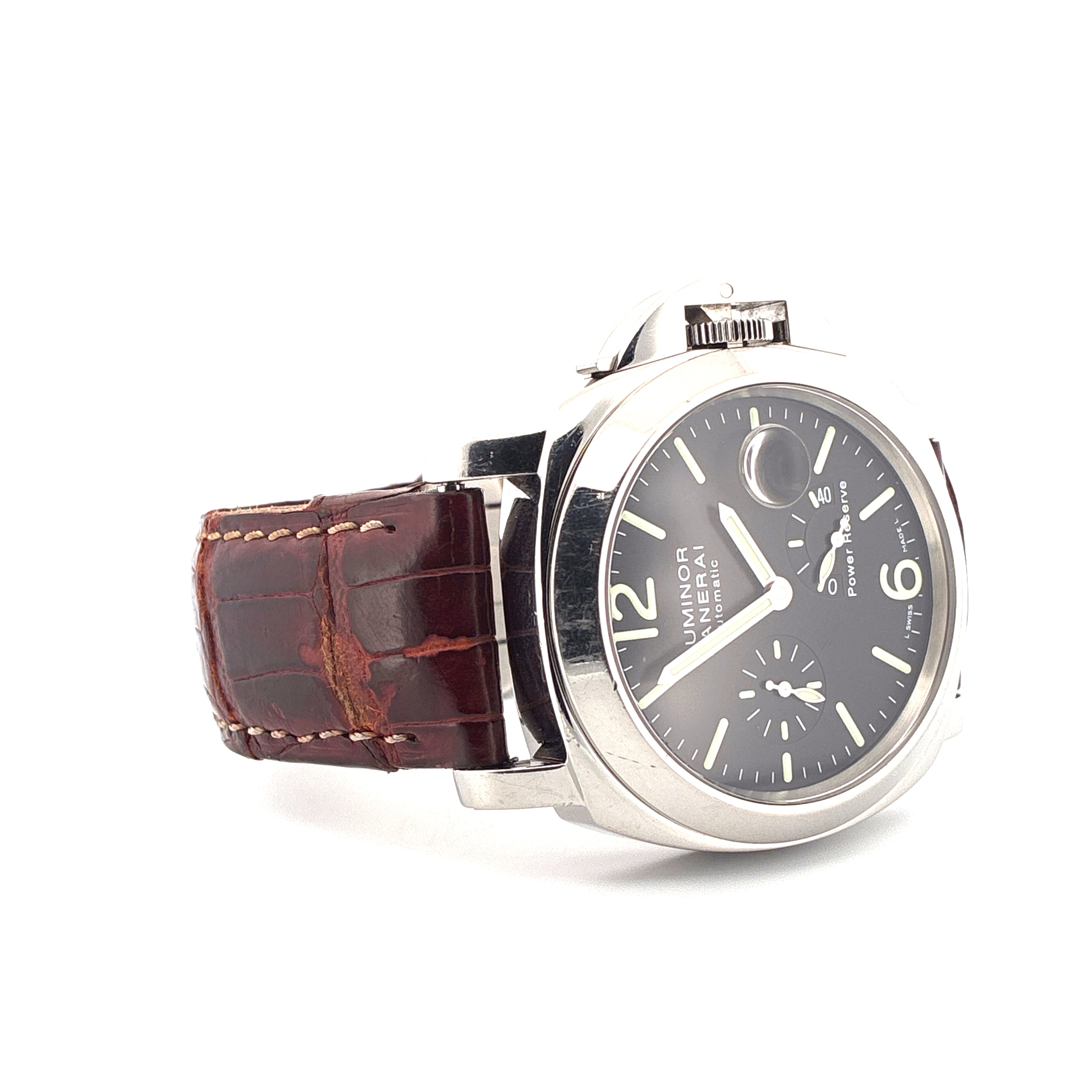 Panerai Luminor Power Reserve 44mm Edelstahl mit braunem Lederarmband und dunklem Zifferblatt