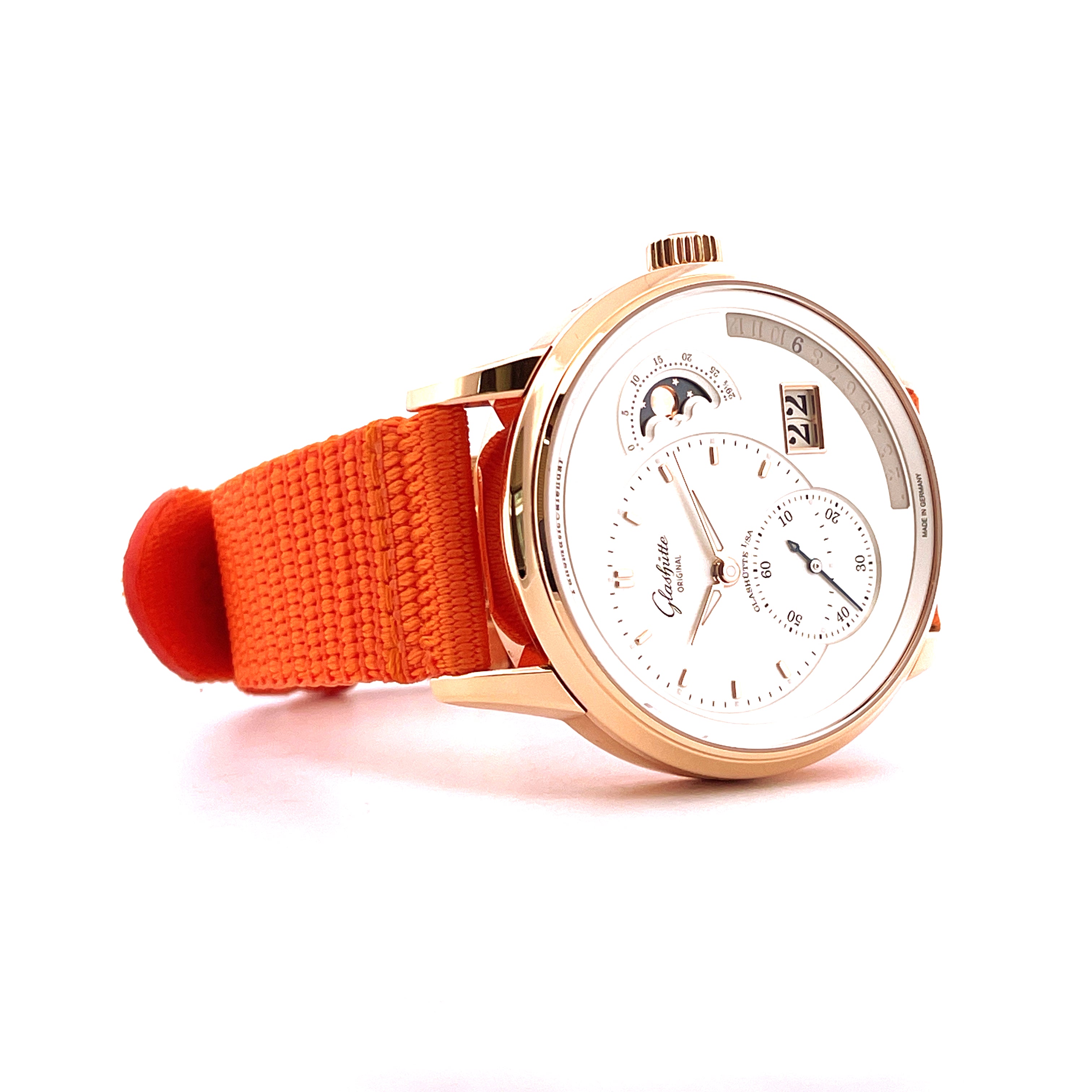 Glashütte Original Panomaticcalendar Roségold mit orangem Textilarmband und Mondphasenanzeige