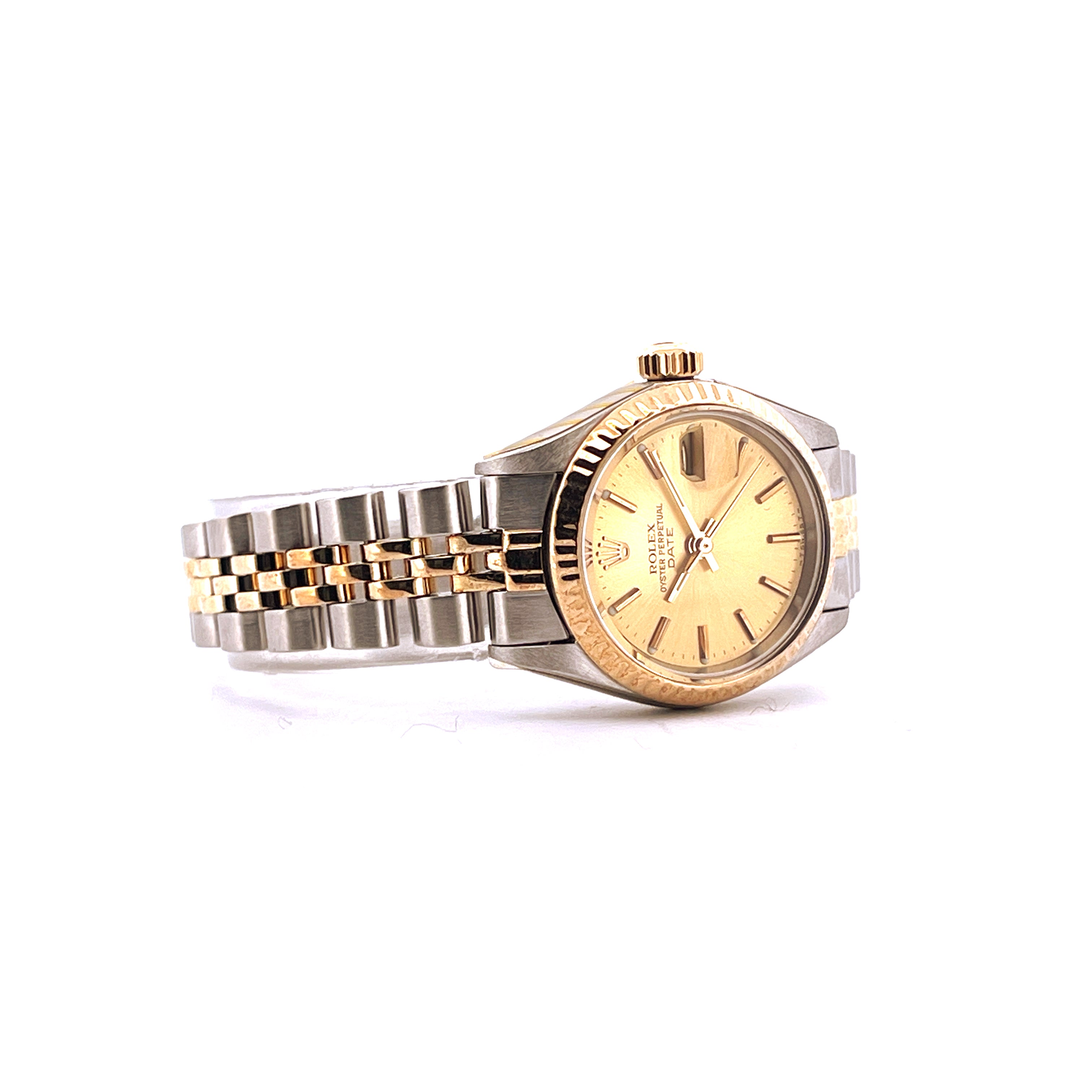 Rolex Lady-Datejust 26 mm Stahl und Gold mit goldenem Zifferblatt in Nahaufnahme