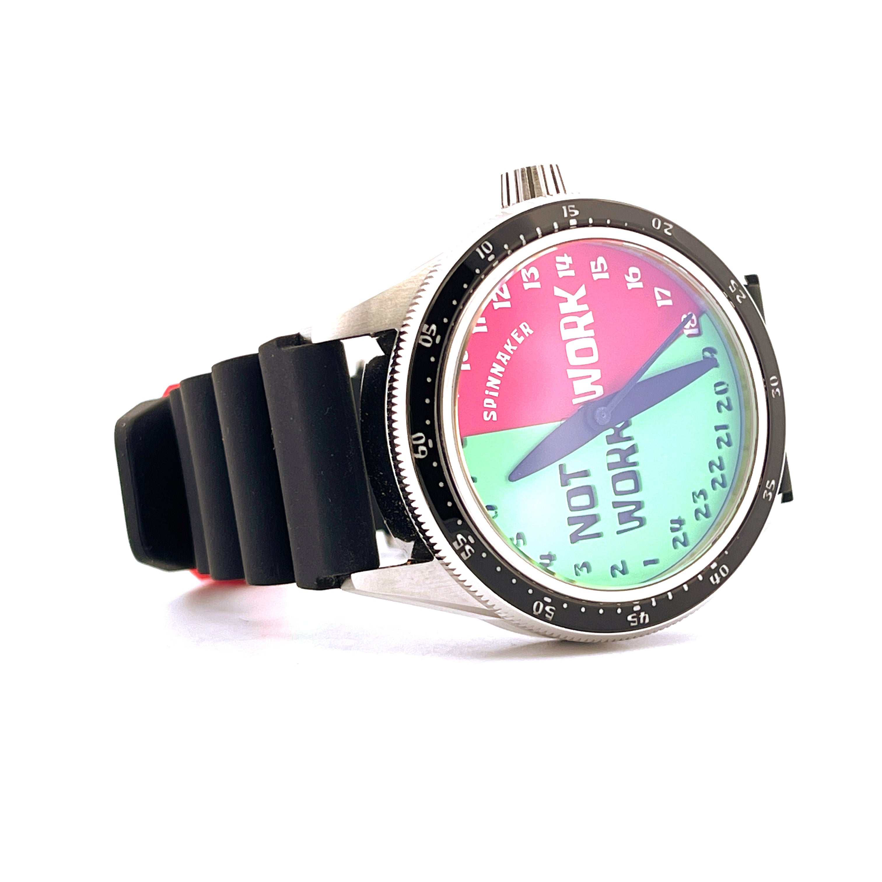 Spinnaker Cahill Automatic SpongeBob SquarePants Timekeeper im Seitenprofil mit farbigem Zifferblatt und schwarzem Kautsch…