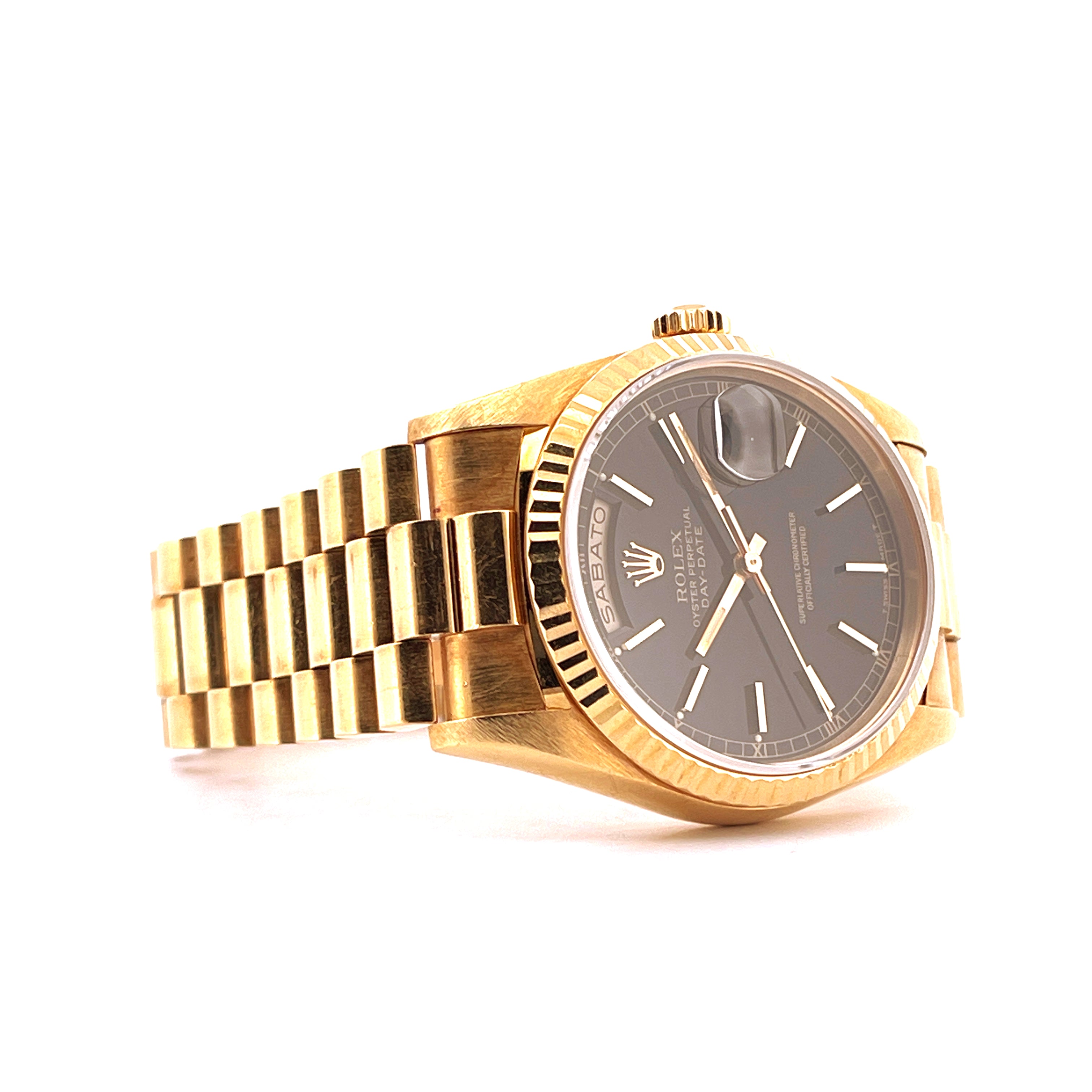 Rolex Day-Date 36 Ref. 18238 Italy Black mit Gelbgoldgehäuse und schwarzem Zifferblatt von links