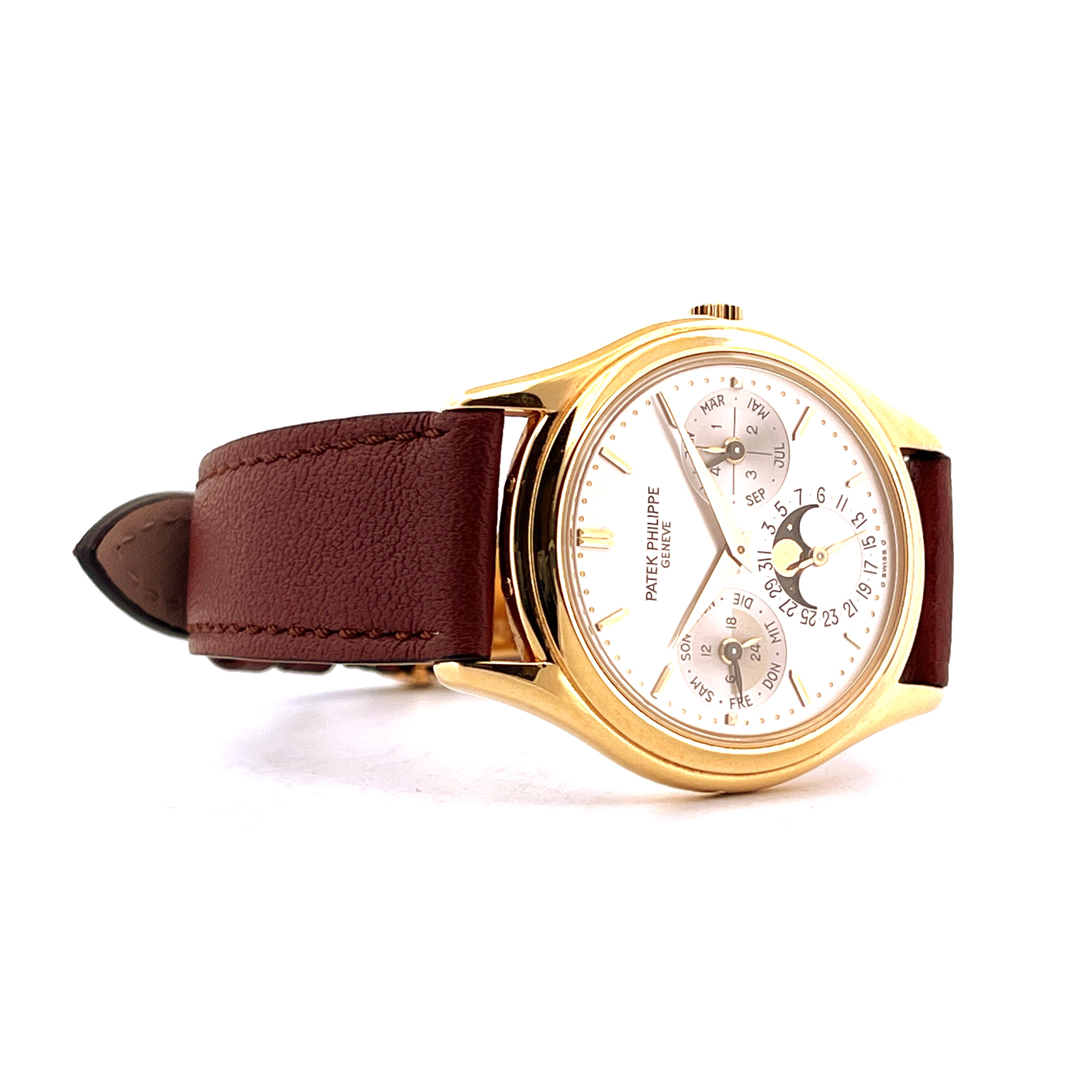 Patek Philippe Perpetual Calendar 3940J-017 im Detail, Gelbgoldgehäuse mit braunem Lederarmband