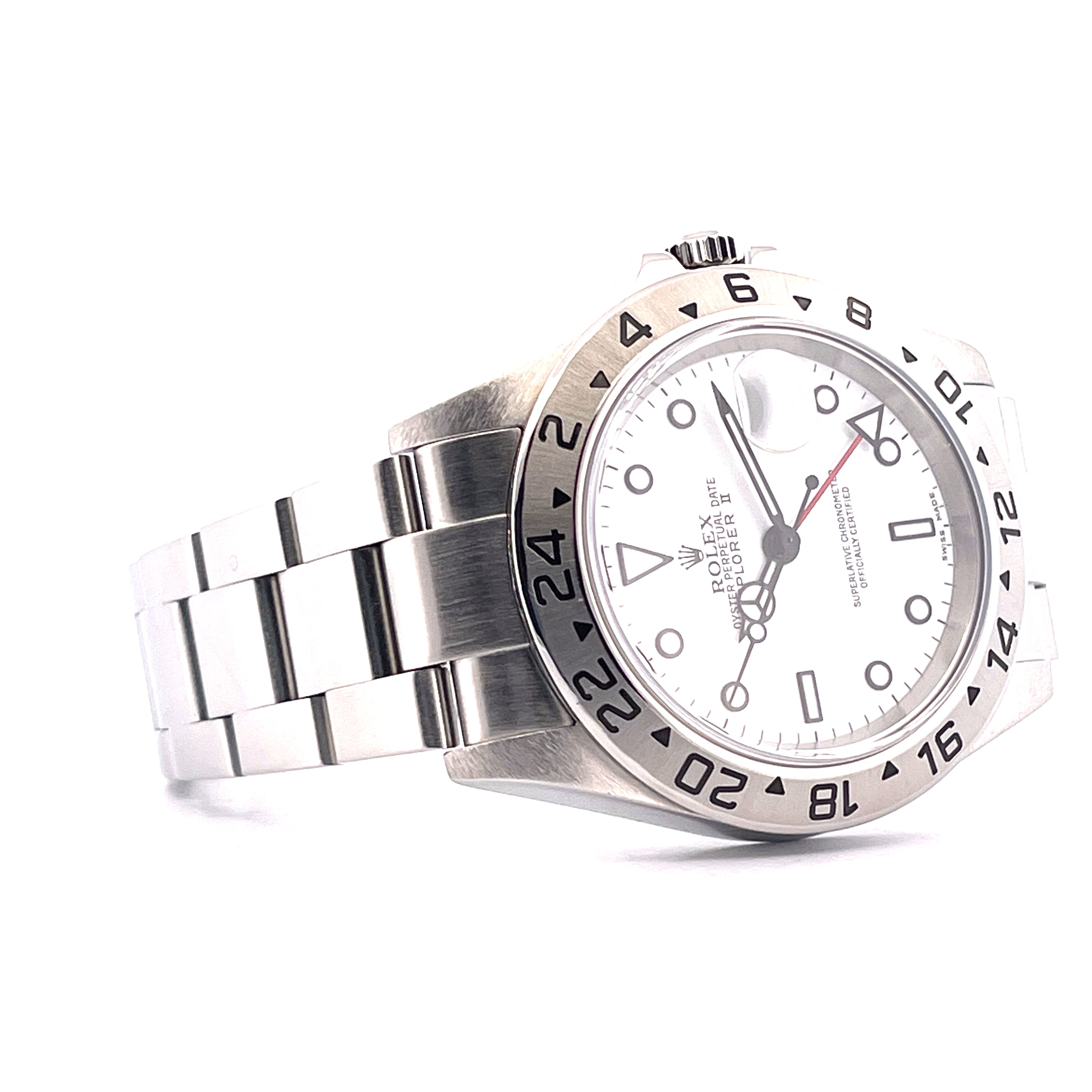 Rolex Explorer II 16570T Stahl Automatik Uhr mit weißem Zifferblatt im Detail, Perspektive von der Seite