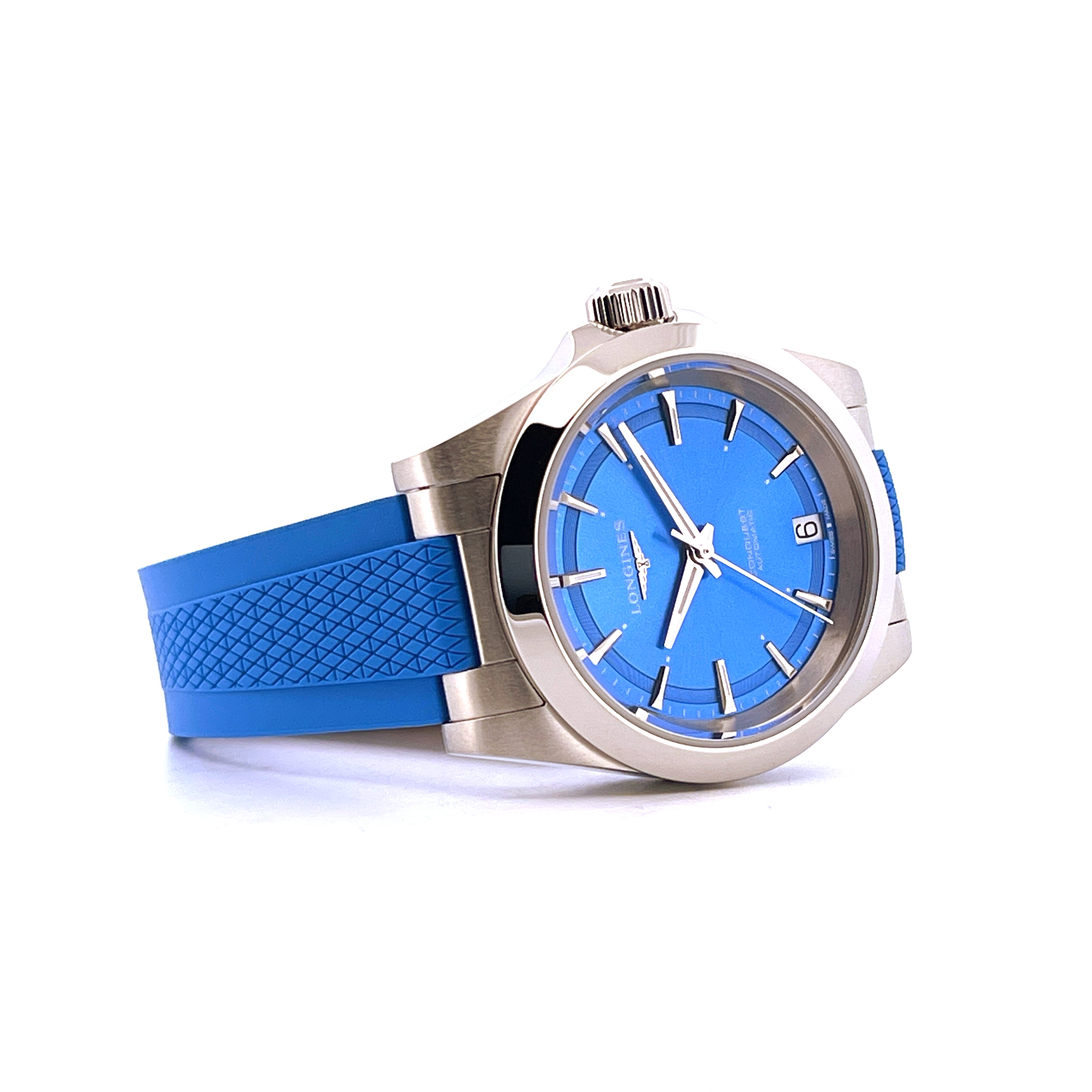 Longines Conquest Lady Rubber SYLT EDITION in Stahl mit blauem Zifferblatt und blauem Kautschukarmband