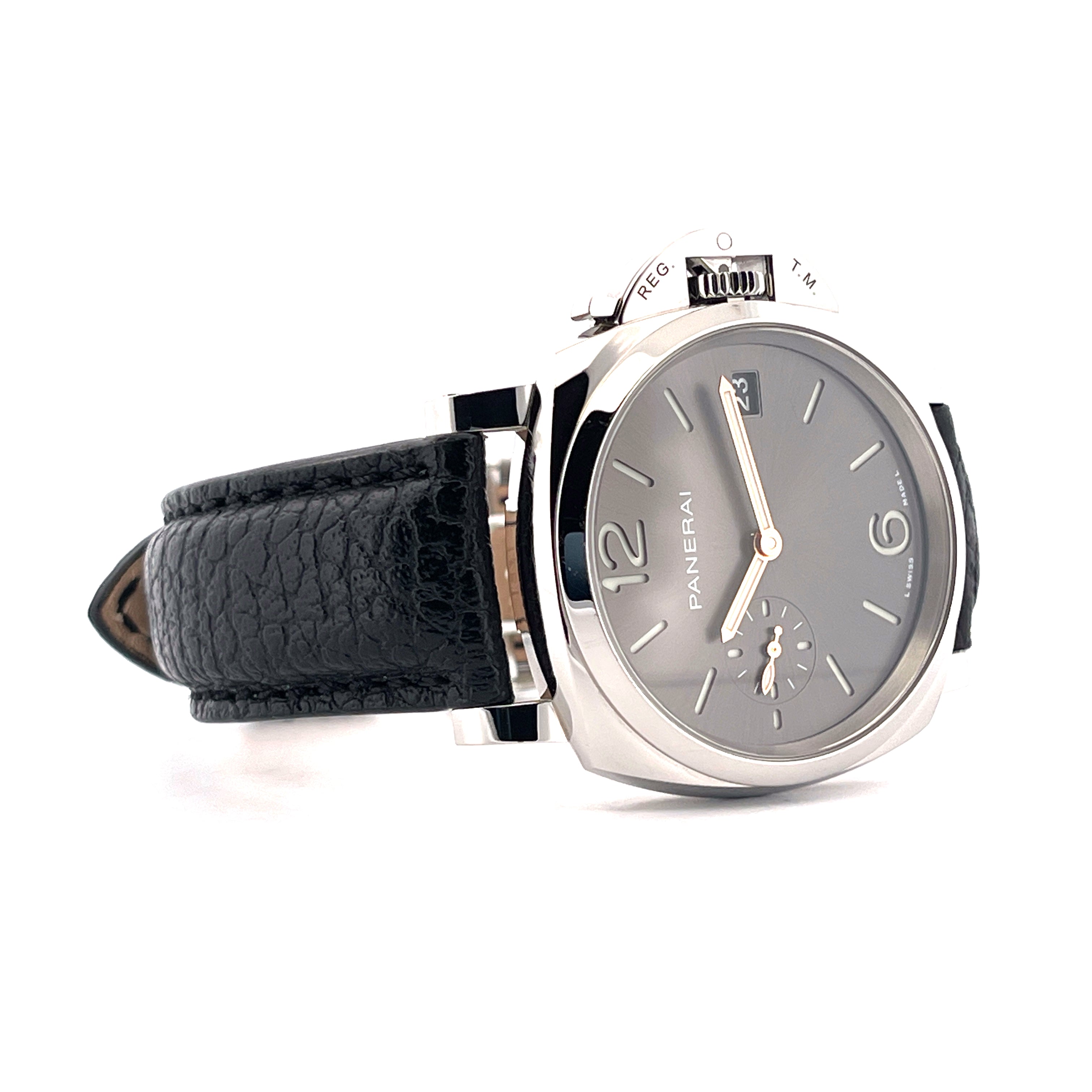 Panerai Luminor Due 38mm Stahl mit grauem Zifferblatt und schwarzem Lederarmband von links