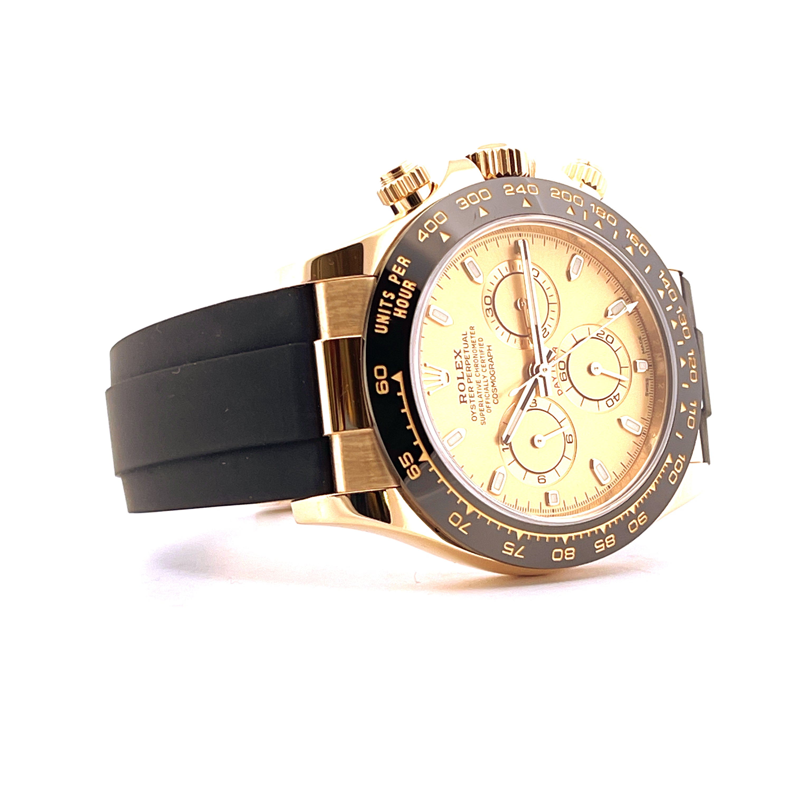 Rolex Daytona 116518LN Gelbgold Automatik mit gelbem Zifferblatt und Oysterflex-Band aus der Seitenansicht