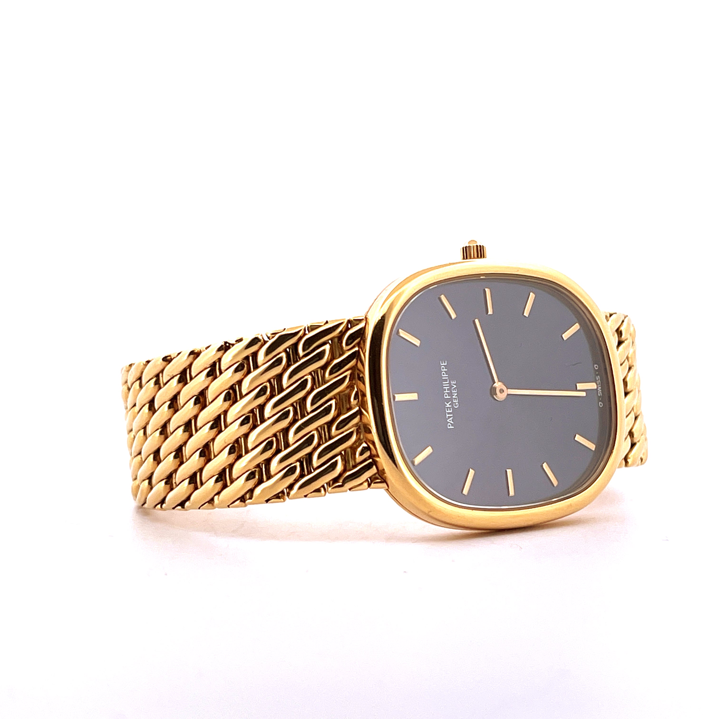 Patek Philippe Ellipse 18kt Gelbgold Uhr mit blauem Zifferblatt und massivem Gliederarmband