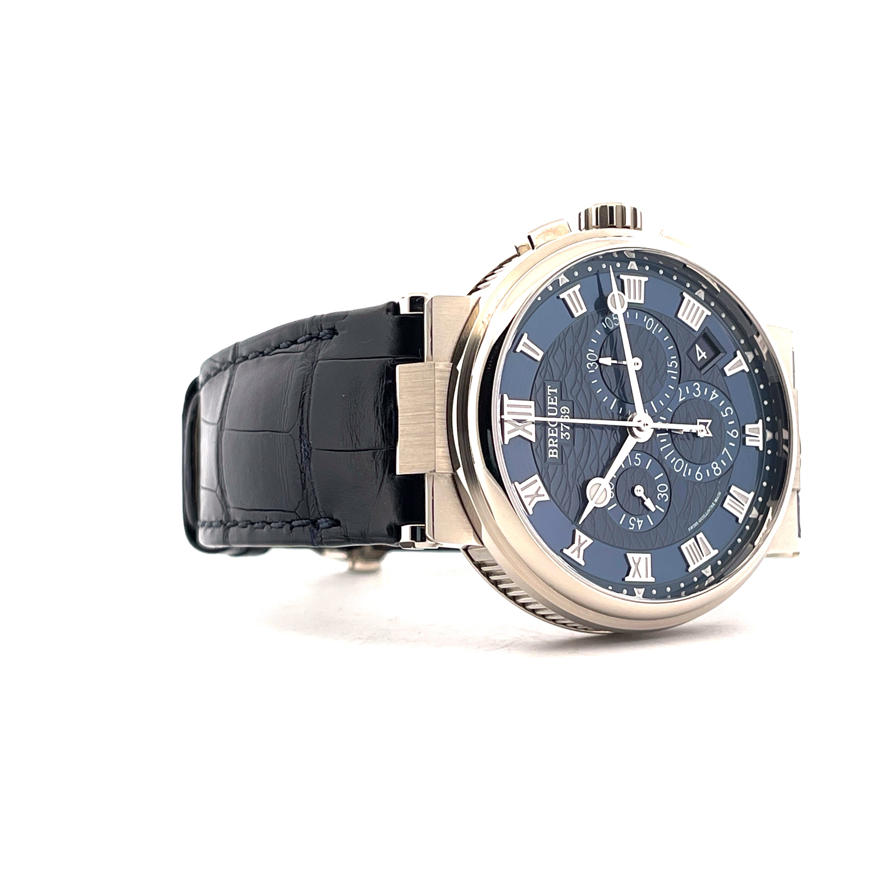 Breguet Marine 5527BB Roségold Chronograph mit blauem Zifferblatt und schwarzem Lederarmband