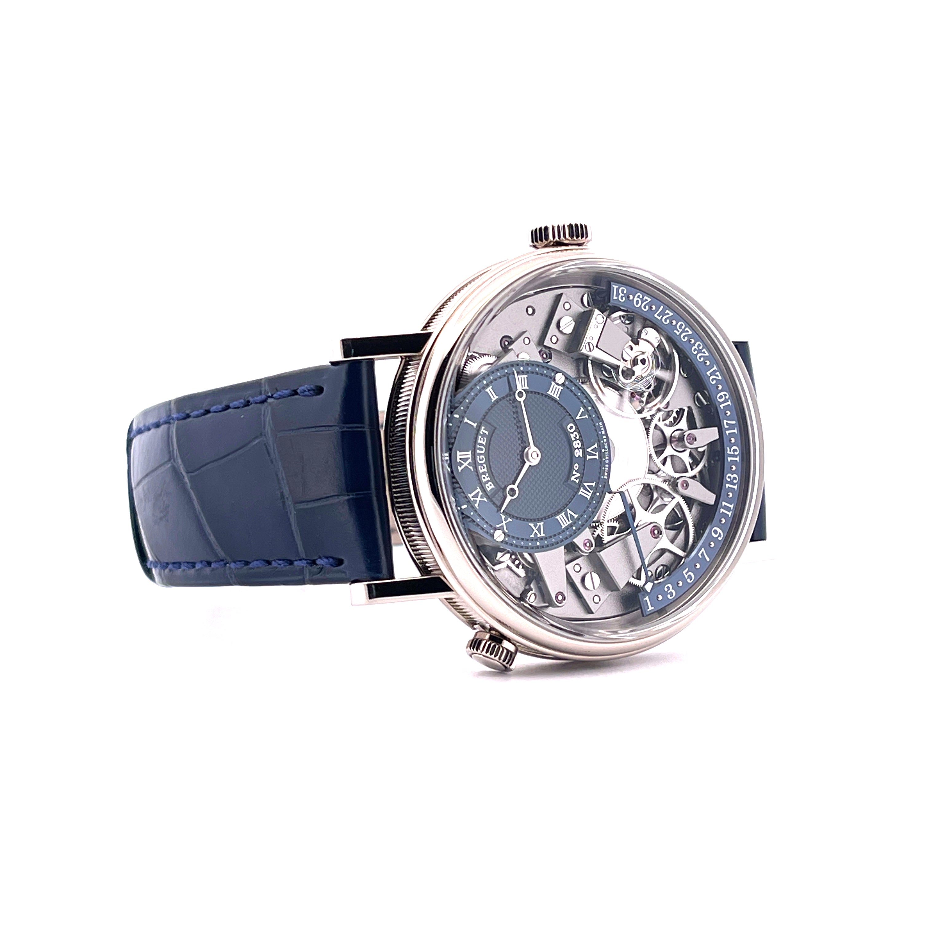 Breguet Tradition Quantieme Retrograde Automatik Weißgold mit blauem Lederarmband und Skelett-Zifferblatt