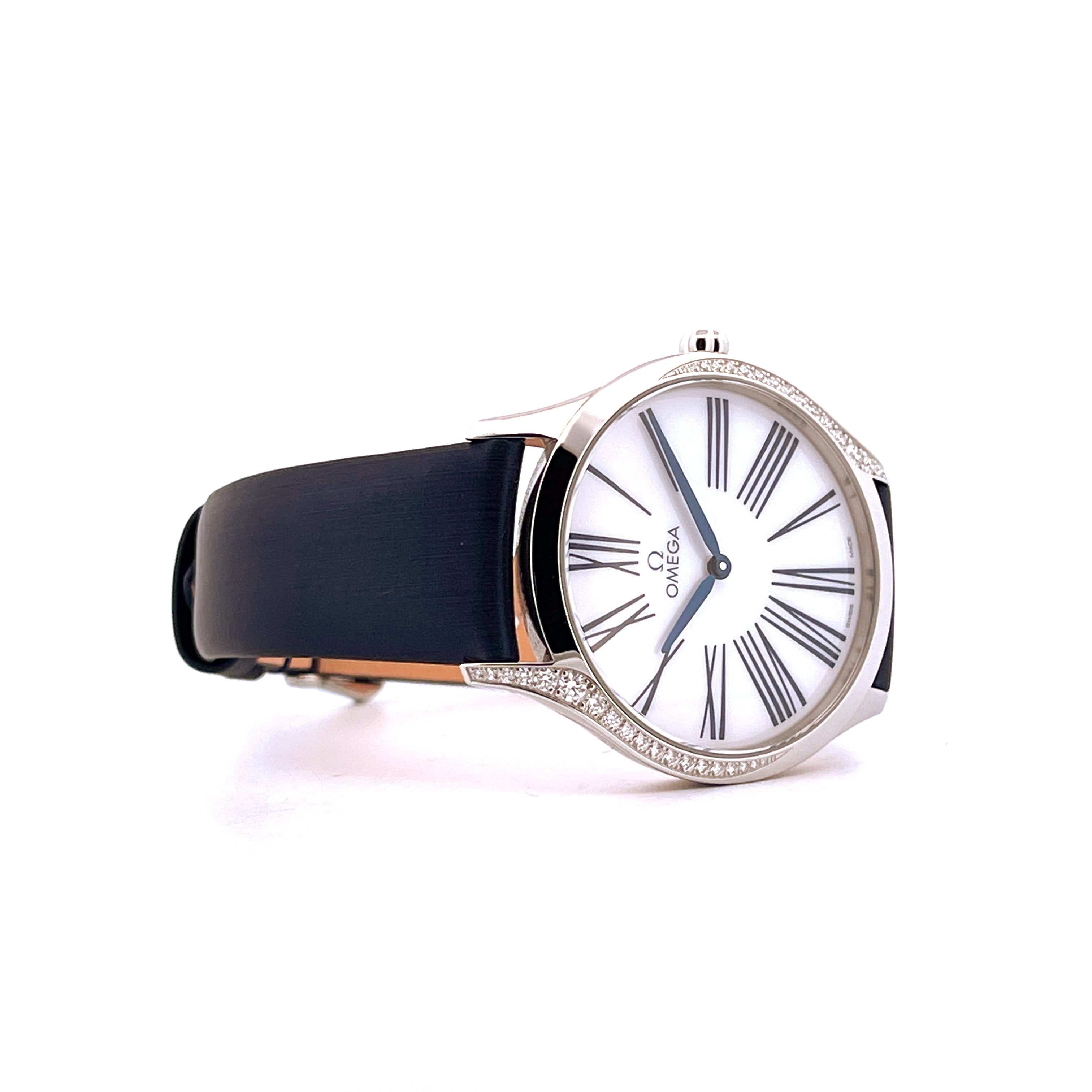 Omega De Ville Tresor Quarz Edelstahl Uhr mit Diamantenbesatz und dunkelblauem Lederarmband