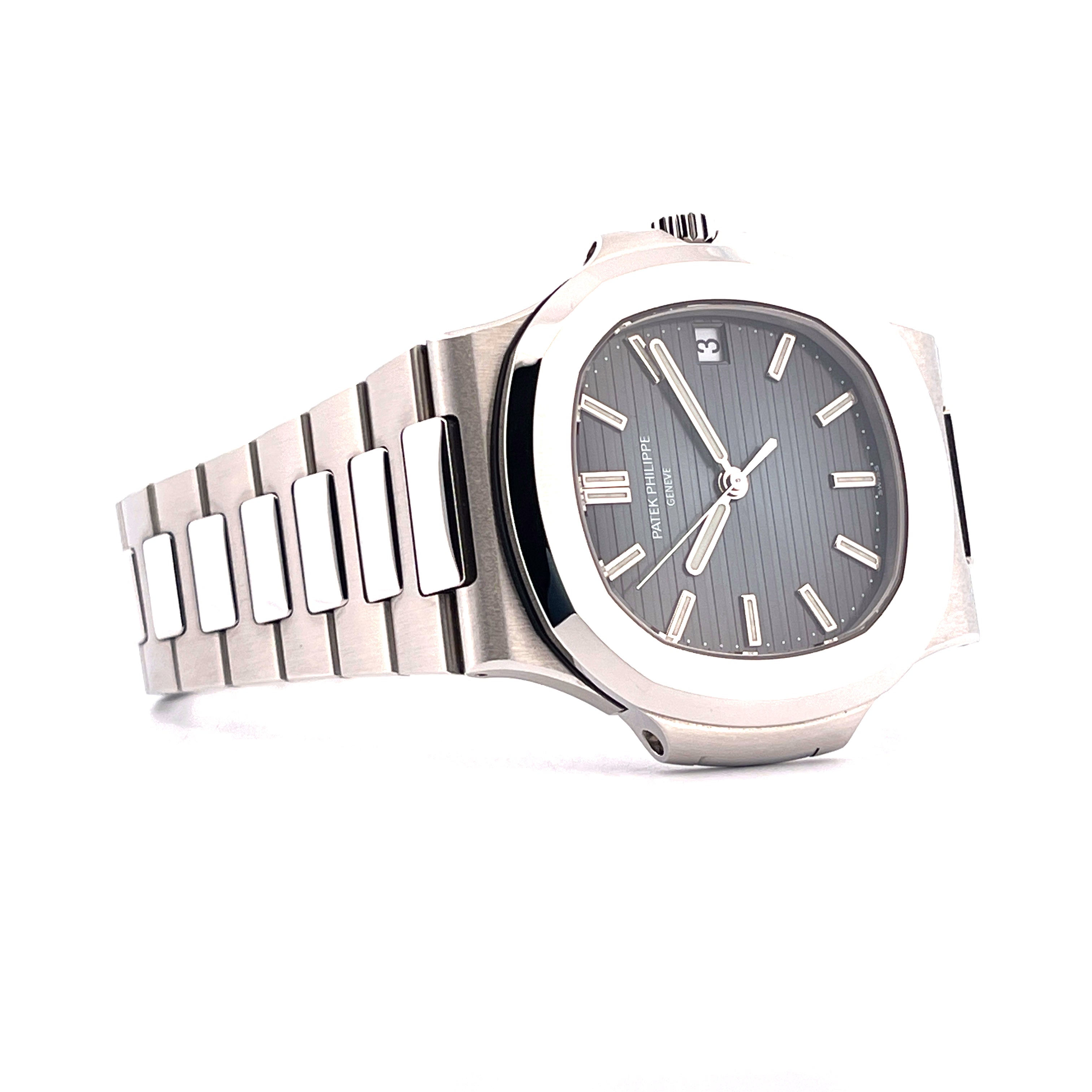 Patek Philippe Nautilus 5711/1A-010 aus Edelstahl mit grauem Zifferblatt und integriertem Armband, seitliche Ansicht
