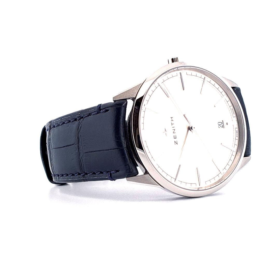 Zenith Elite Classic Automatic Ultra Thin 2025 Uhr mit silbernem Zifferblatt und blauem Lederarmband