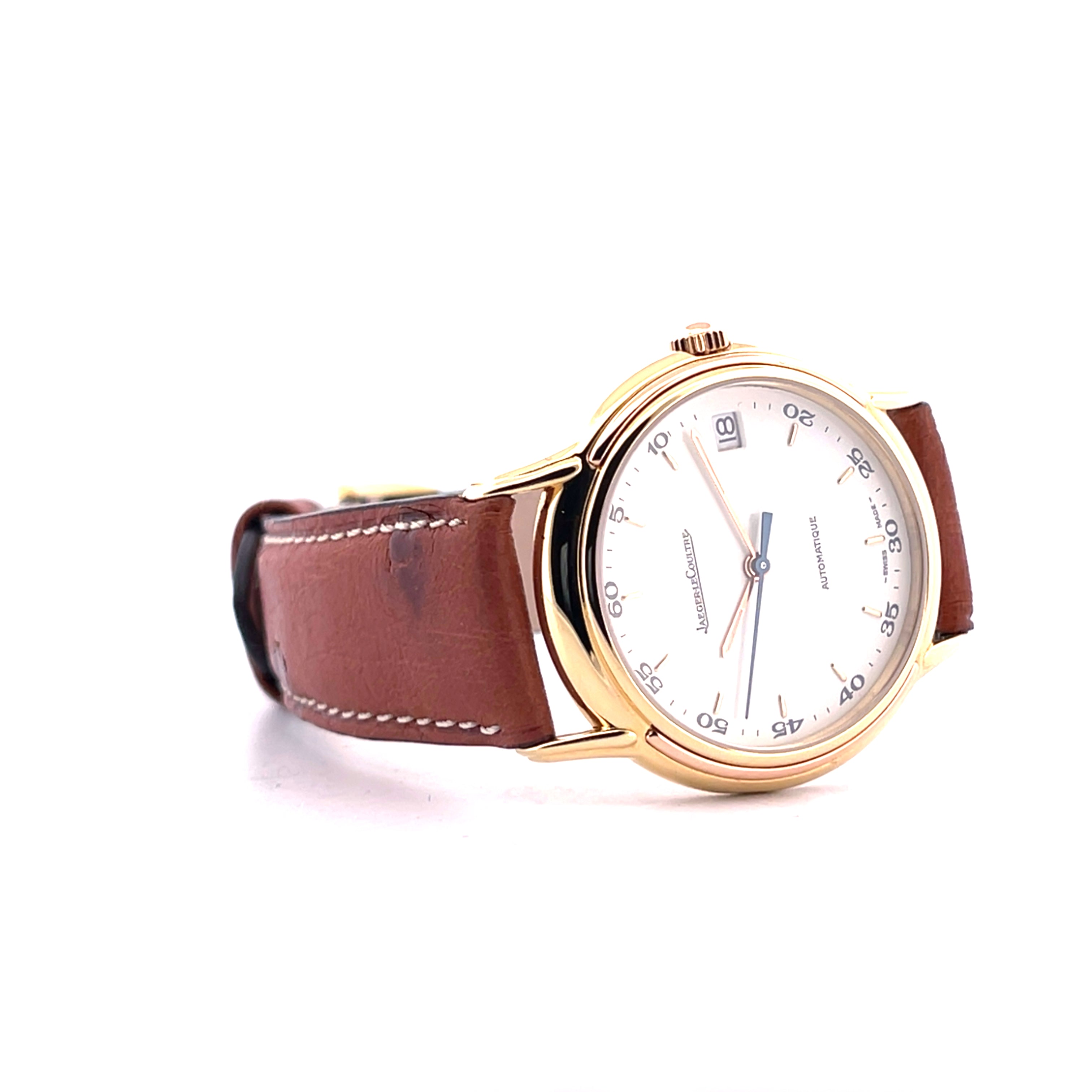 Jaeger LeCoultre Odysseus Automatik, 18k Gold mit braunem Lederarmband, auf weißem Hintergrund