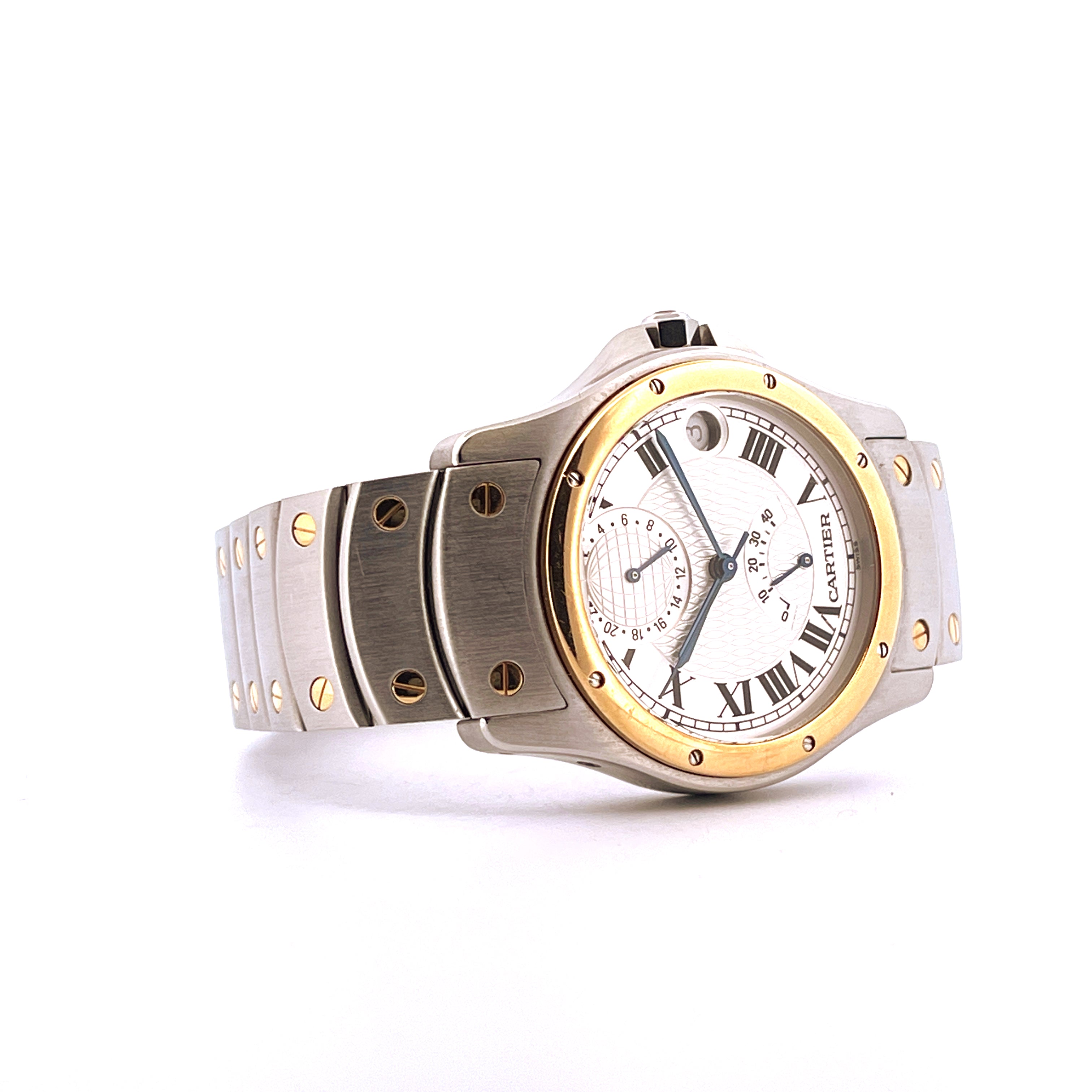 Cartier Santos Ronde 150th Automatic (1997) Stahl/Gold, seitliche Ansicht auf weißem Hintergrund