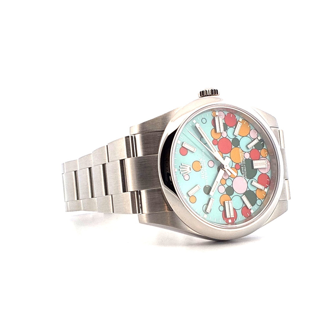 Rolex Oyster Perpetual 41 Celebration in Stahl mit buntem Blasen Zifferblatt und Edelstahlarmband