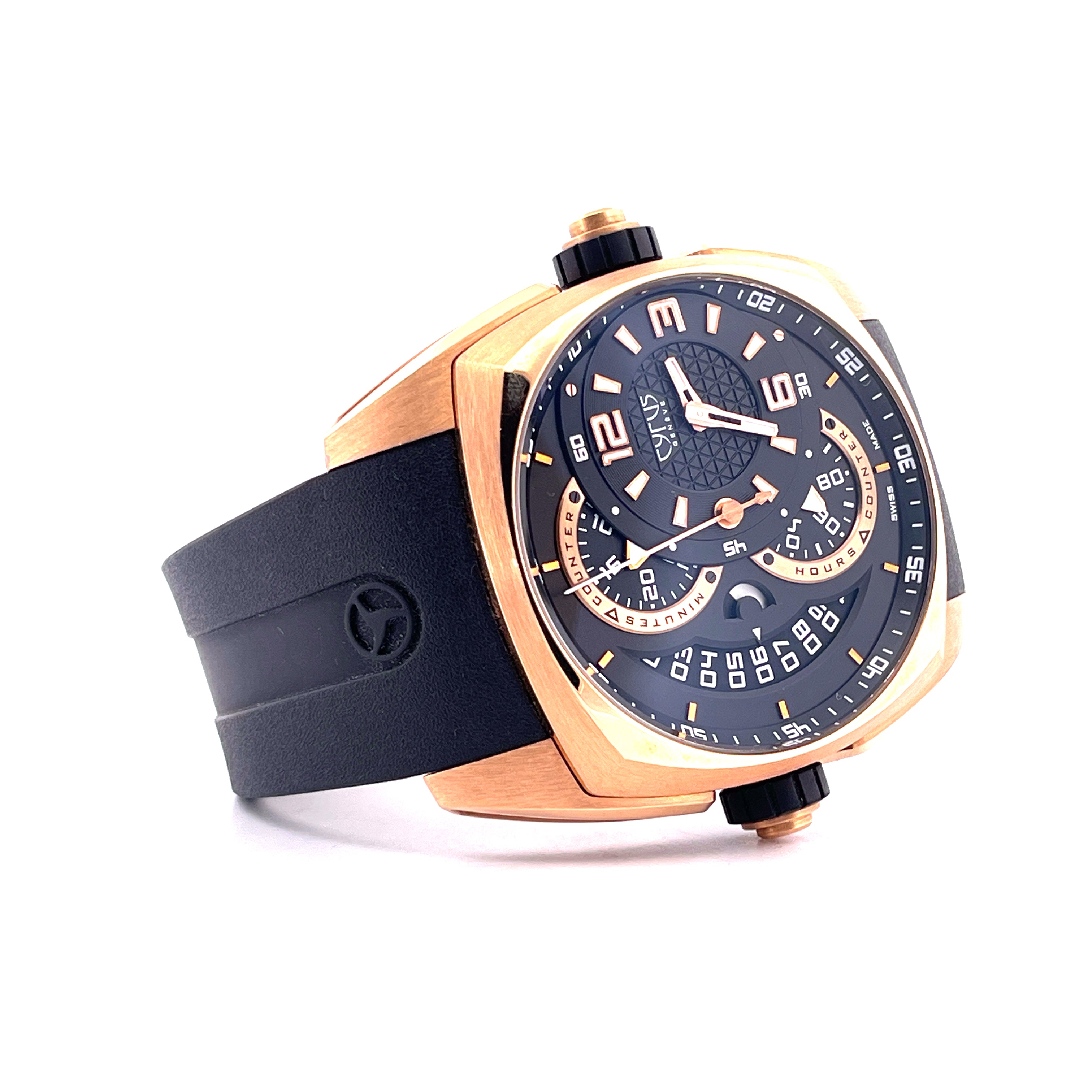 Cyrus Klepcys Chronograph Roségold 5N mit schwarzem Kautschukarmband und silbernen Zeigern
