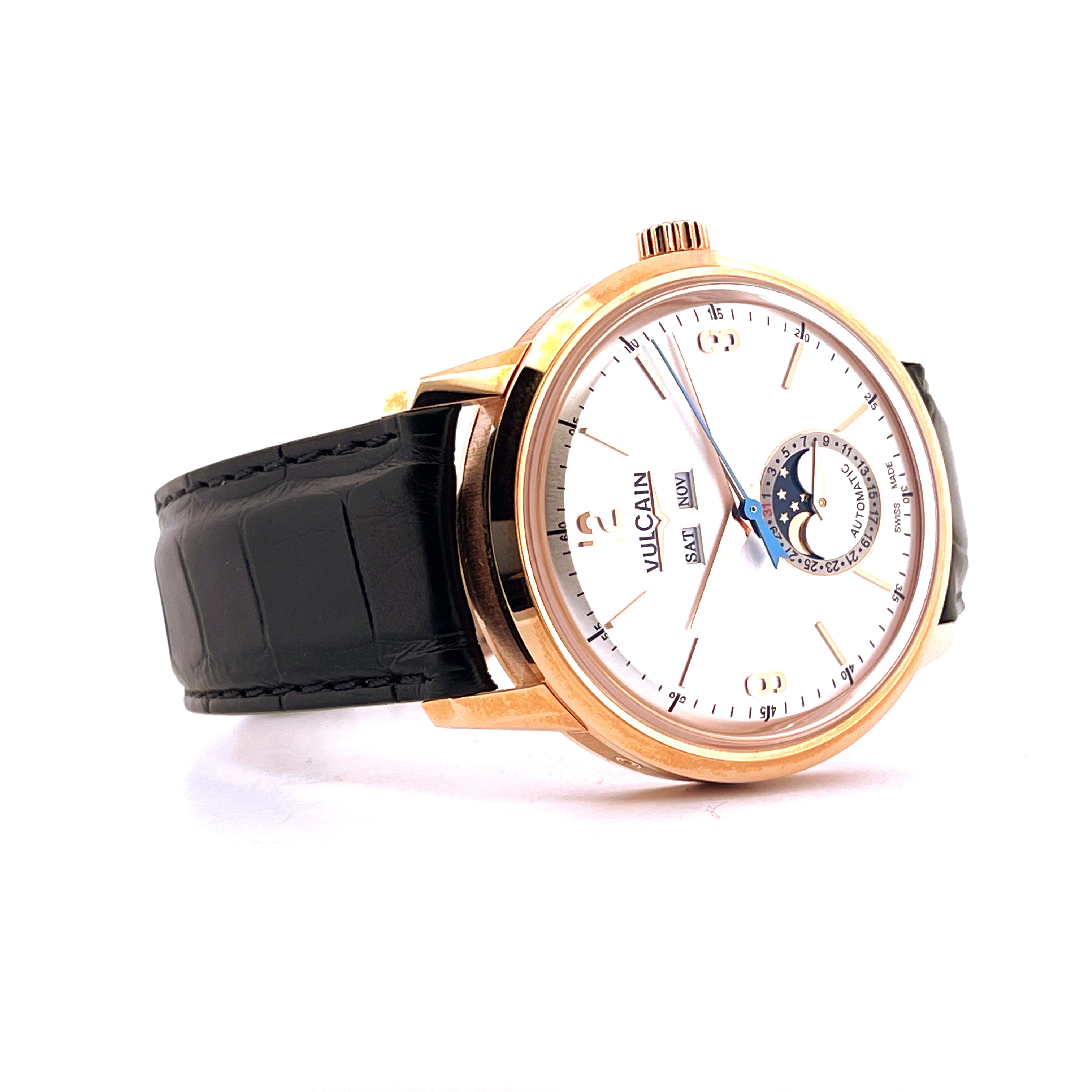 Vulcain 50s Presidents Moonphase aus Roségold mit schwarzem Lederarmband mit Mondphasenanzeige