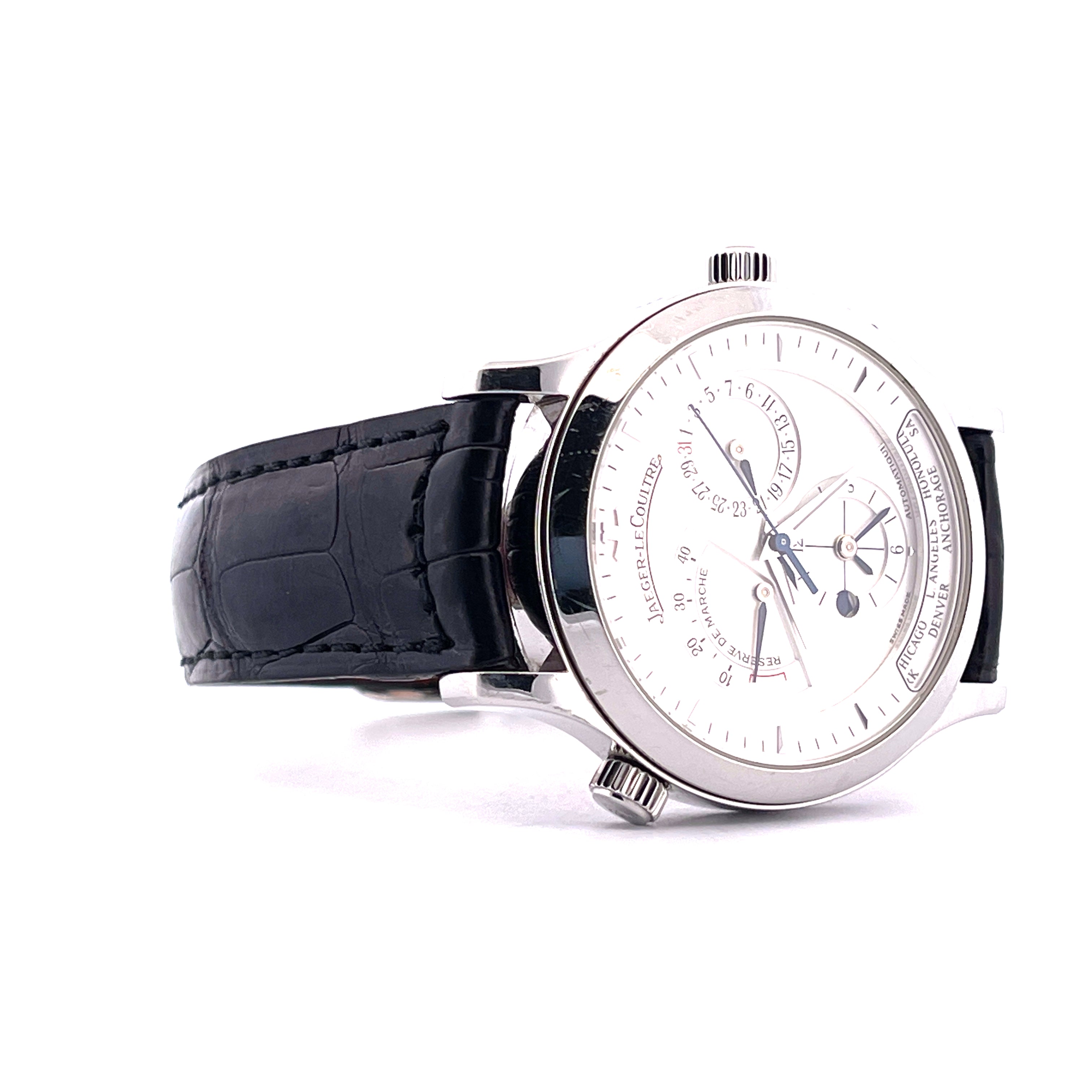 Jaeger LeCoultre Master Geographic 38 mm aus Edelstahl mit schwarzem Lederarmband und weißem Zifferblatt mit Weltzeitfunktion