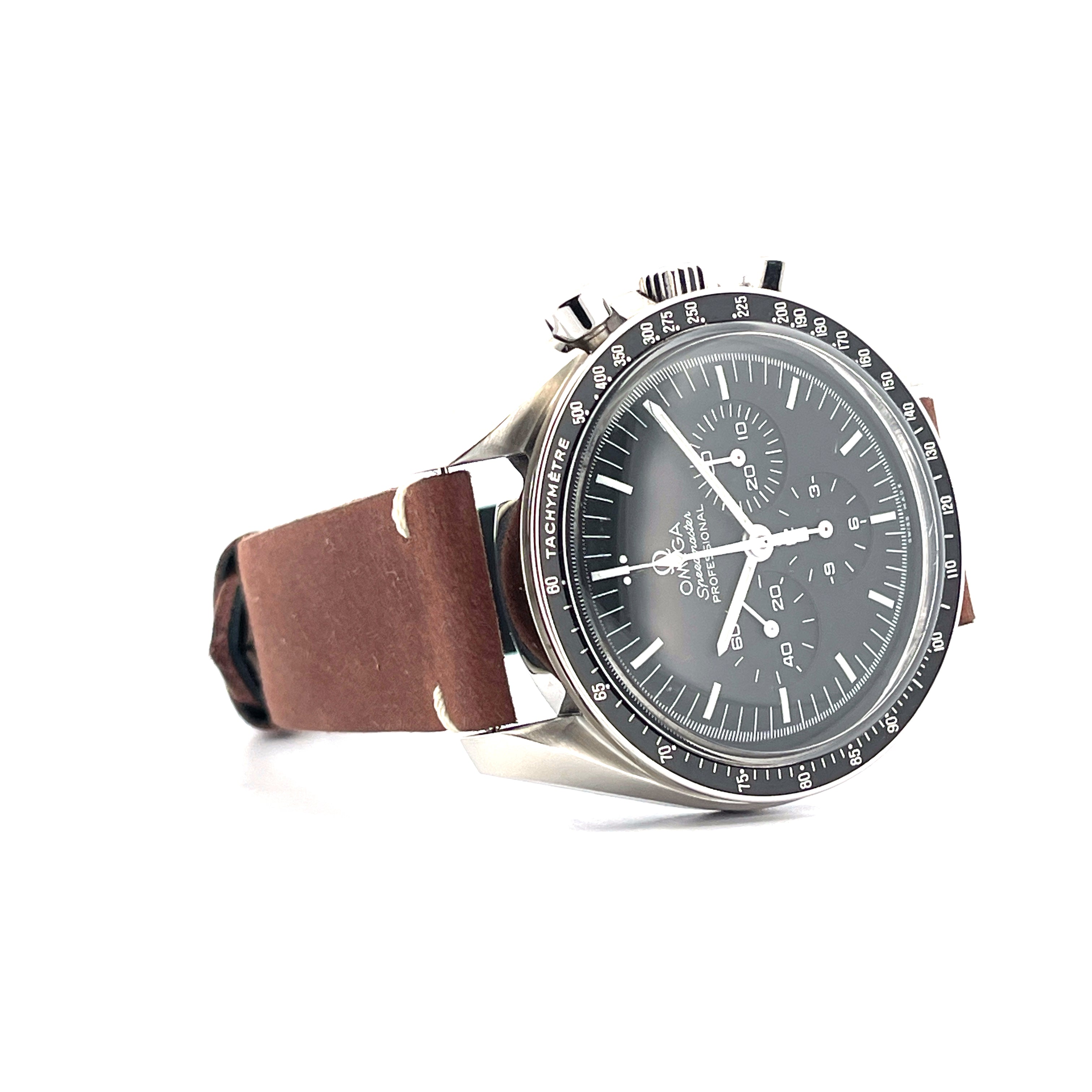 Omega Speedmaster Professional Moonwatch mit braunem Lederarmband und schwarzem Zifferblatt aus Edelstahl