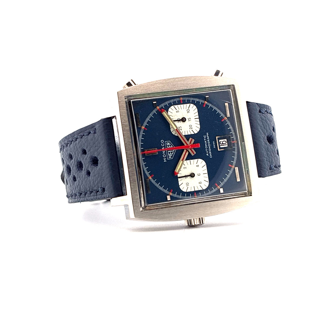Tag Heuer Heuer Monaco Calibre 11 Steve McQueen mit blauem Zifferblatt und schwarzem Lederarmband