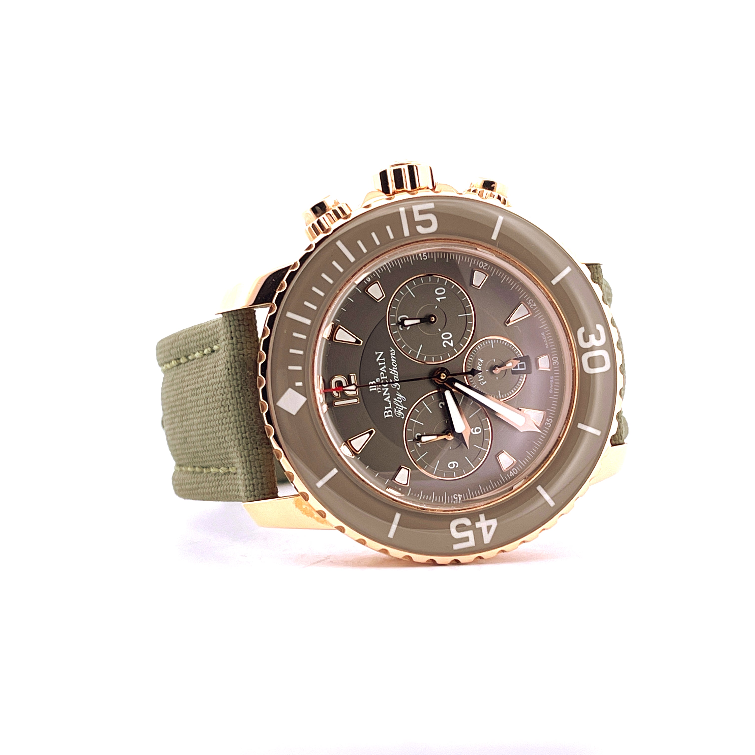 Blancpain Fifty Fathoms Roségold mit grauem Zifferblatt und grünem Textilband