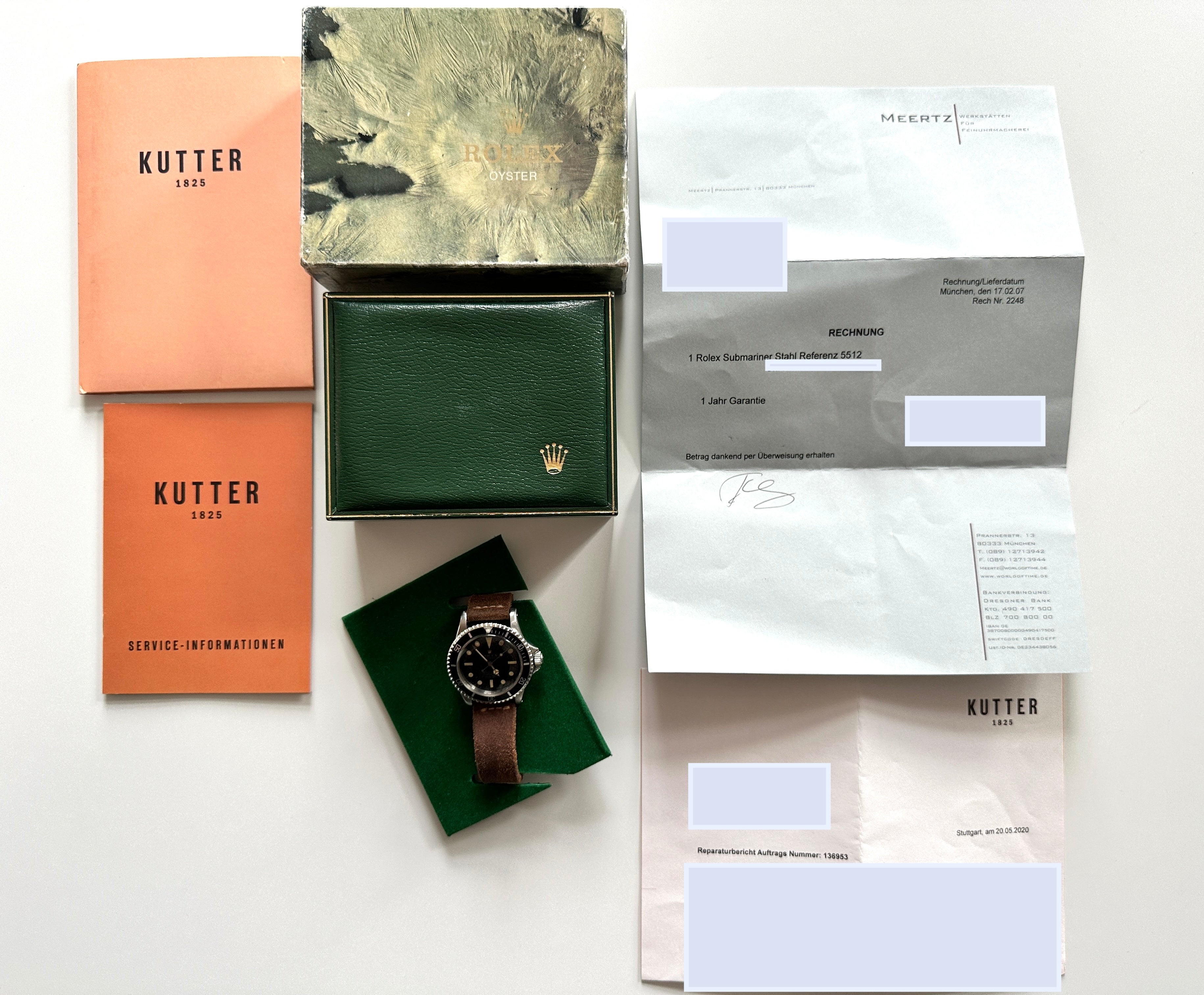 Rolex Submariner Stahl 5512 mit braunem Lederband im Karton mit Dokumenten