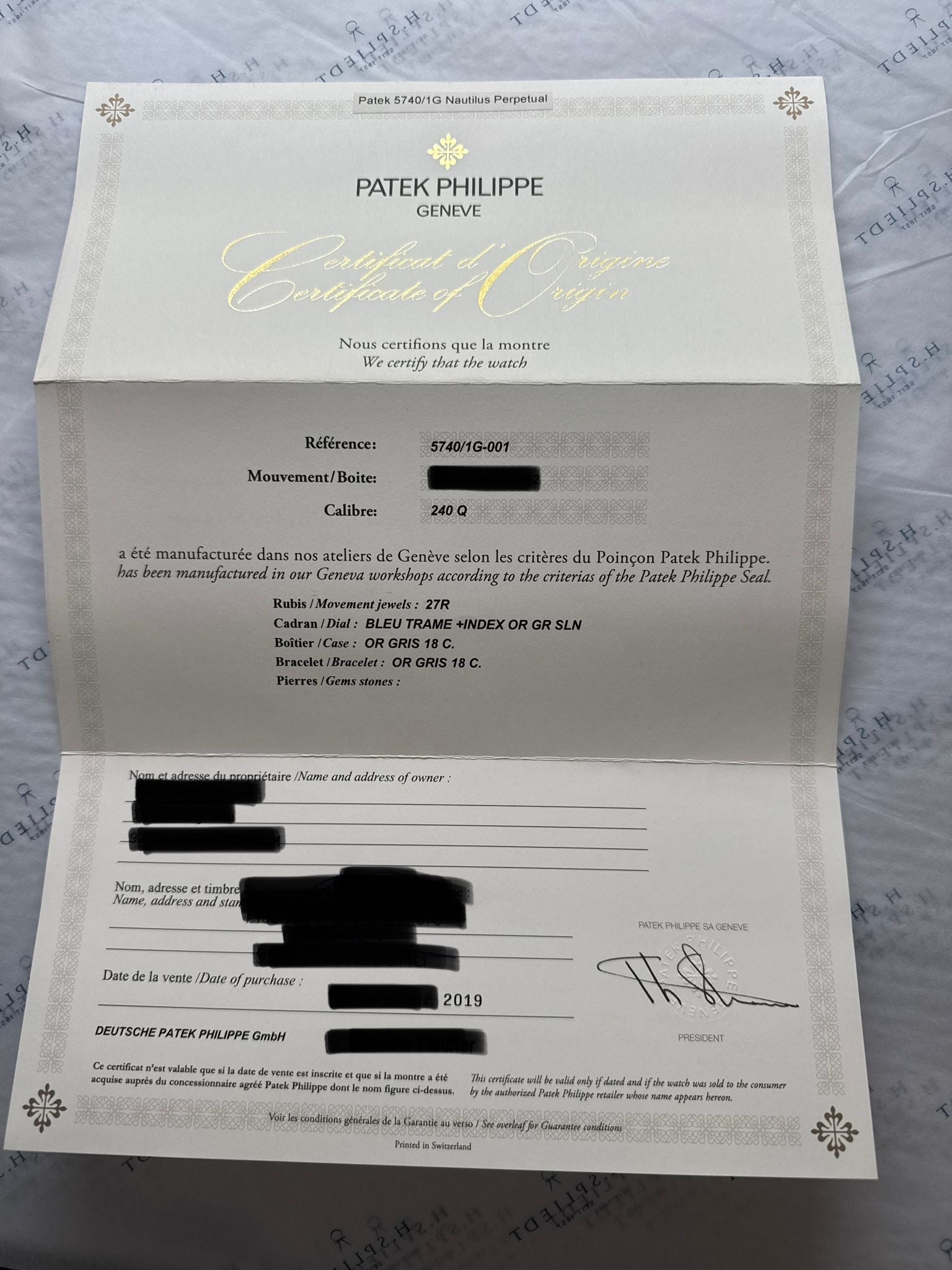Zertifikat für eine Patek Philippe Nautilus Perpetual Calendar 5740/1G aus Weißgold mit Datum und Stempel von 2019