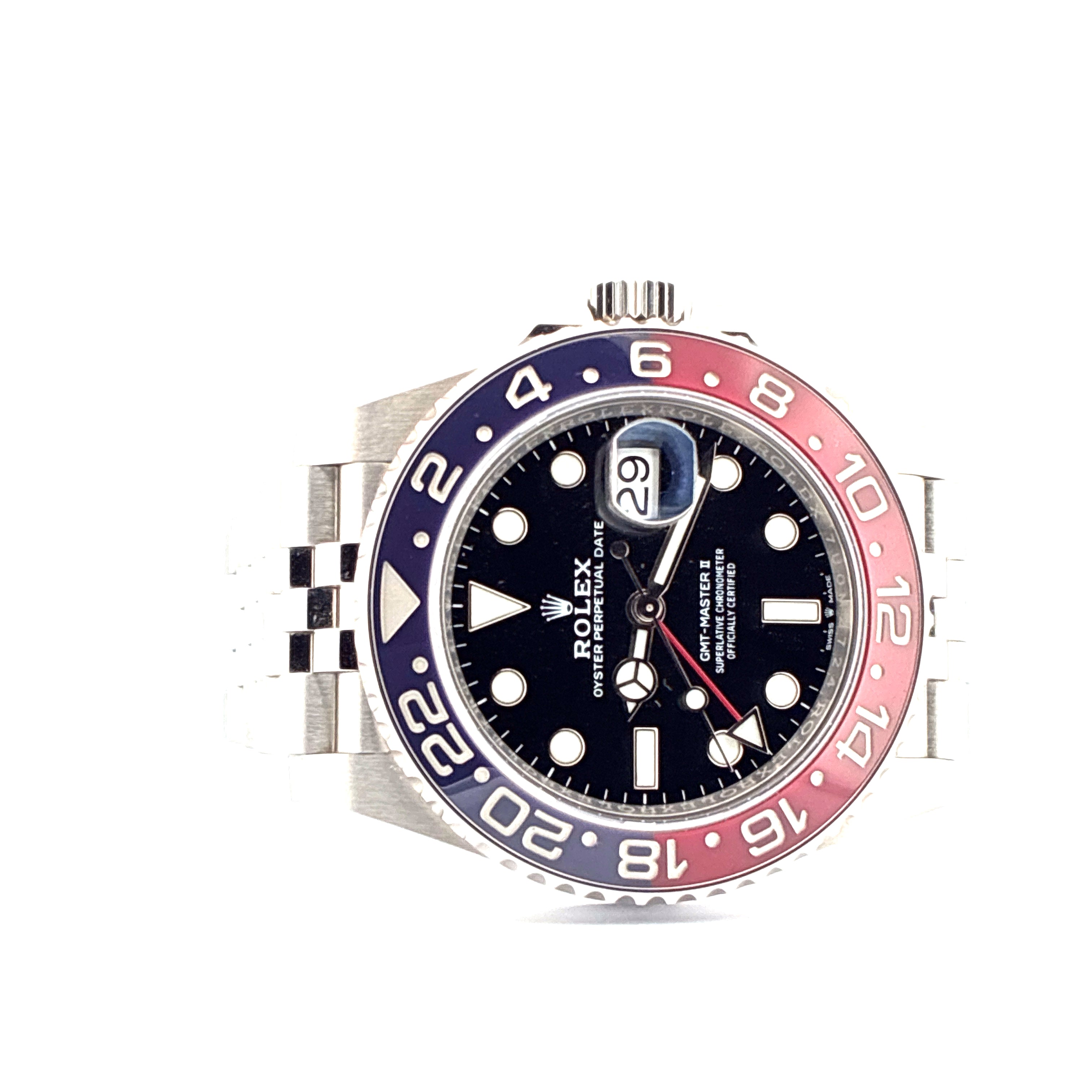 Rolex GMT-Master II Pepsi mit blau-roter Keramik-Lünette und Jubilee-Armband, Datum auf dem schwarzen Zifferblatt
