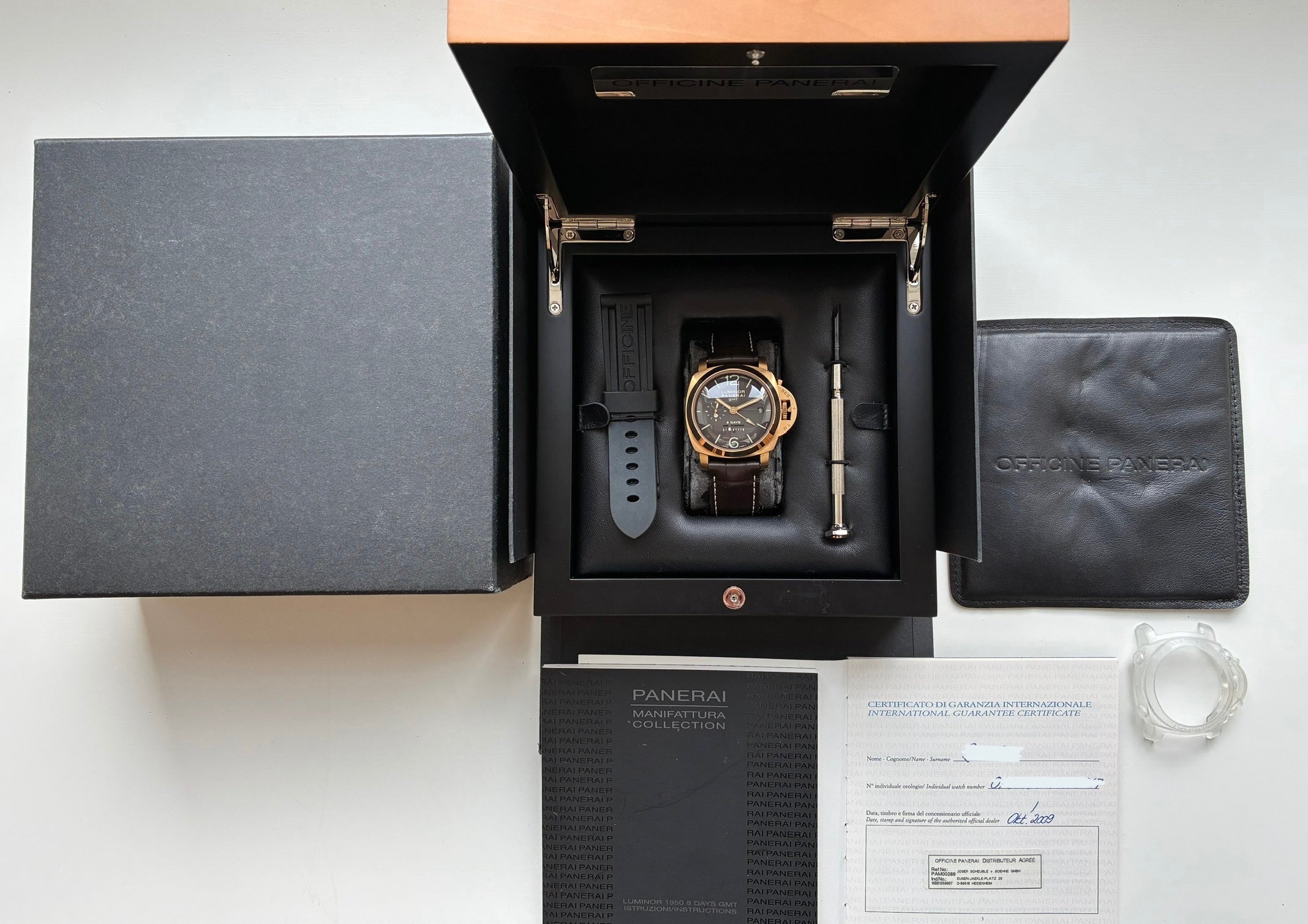 Panerai Luminor 1950 8 Days GMT Pam 289 Roségold in Originalverpackung mit Papieren und Zubehör