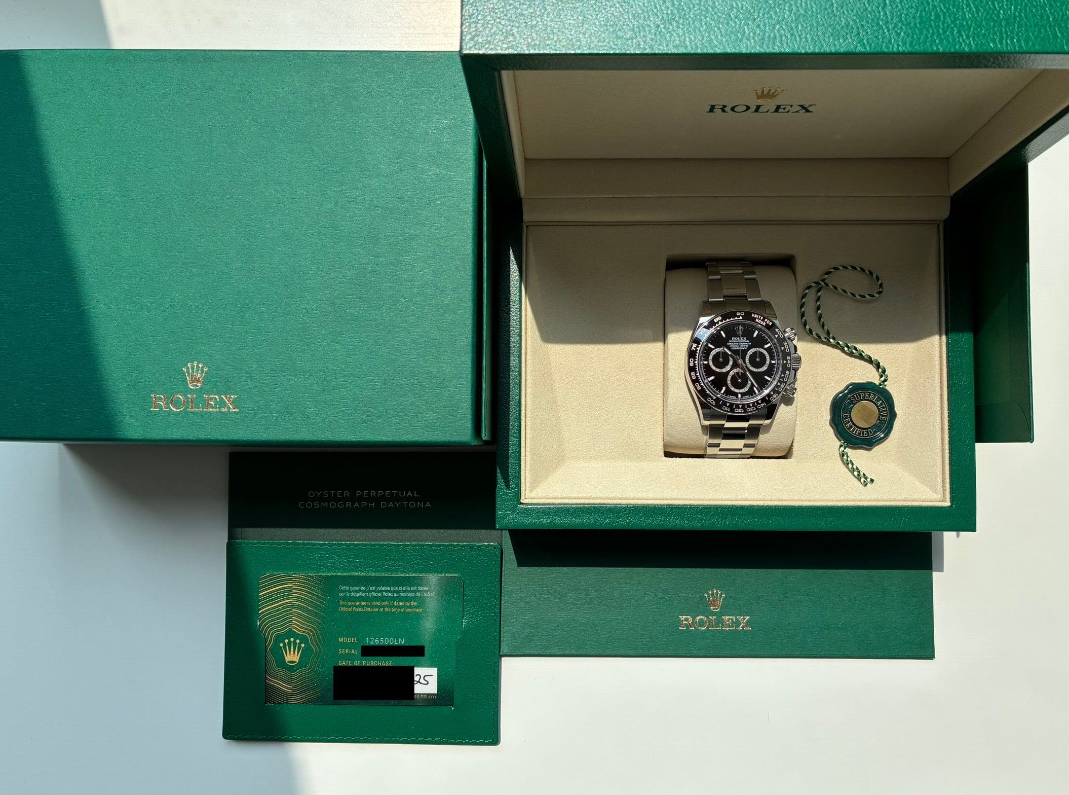 Rolex Daytona 126500LN ungetragen im grünen Karton mit allen Papieren