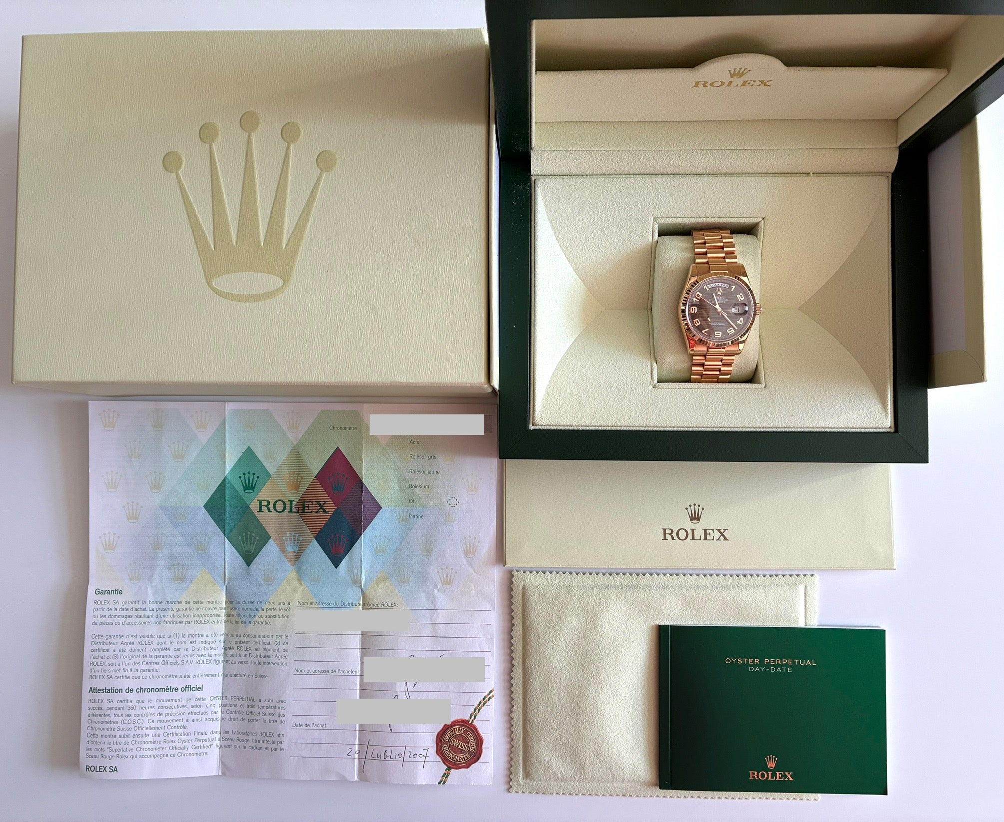 Rolex Day-Date 36 Everose Roségold mit Wave Dial im Karton mit Papieren