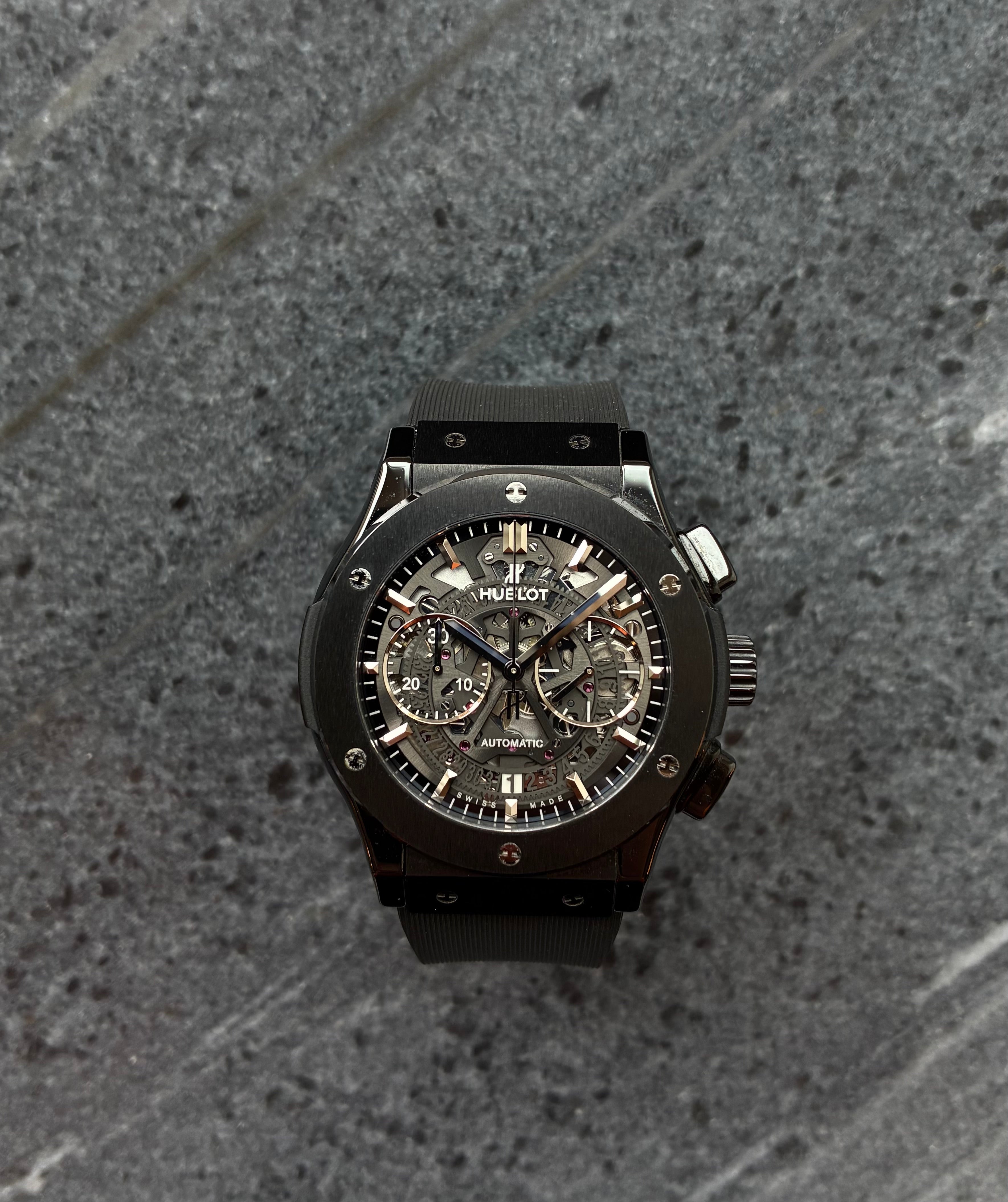 Hublot Classic Fusion Aerofusion Chronograph Skeleton mit schwarzem Keramikgehäuse und skelettiertem Zifferblatt