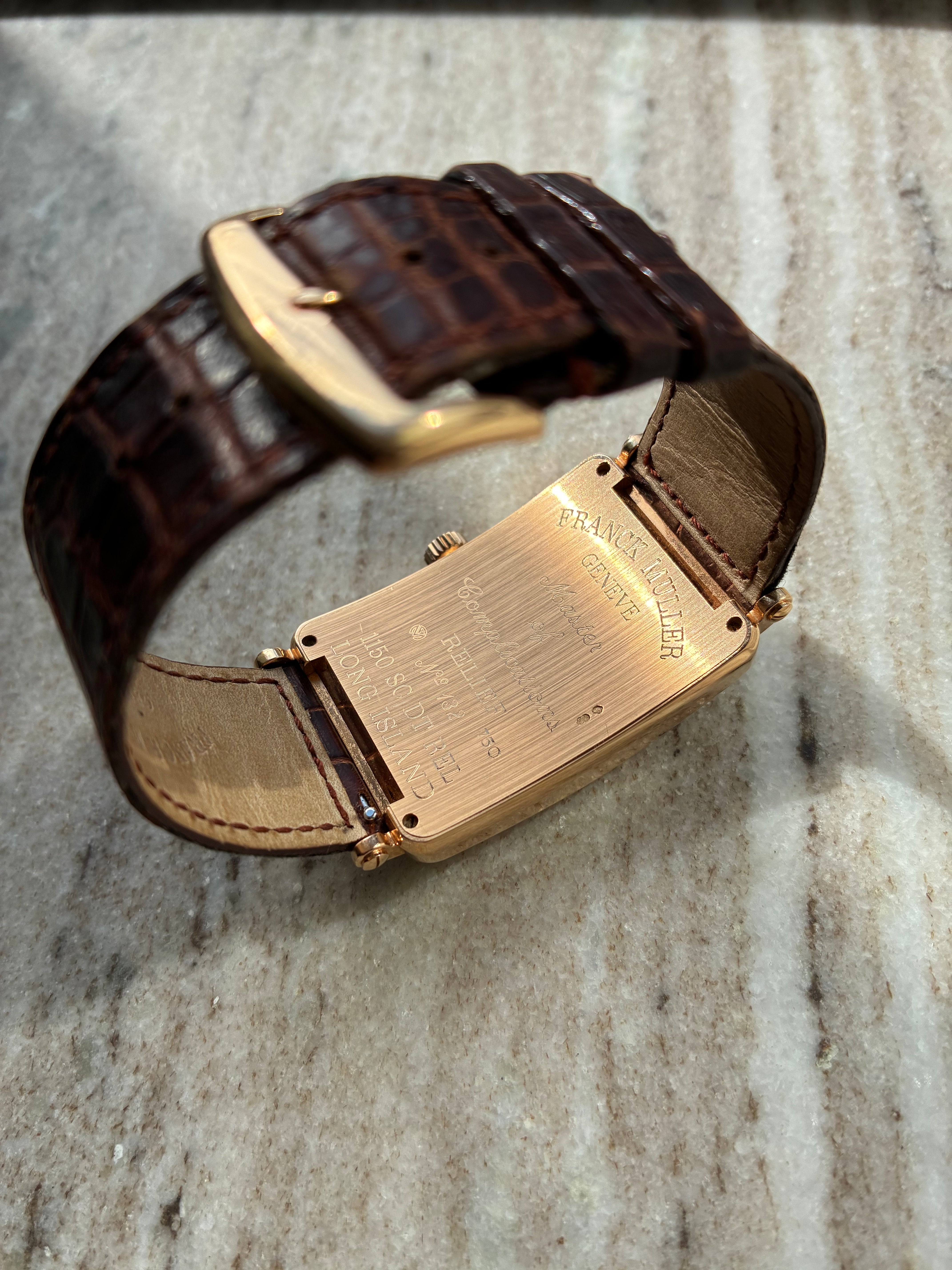 Franck Muller Long Island Roségold Uhr, Rückseite mit Gravur und braunem Krokolederband