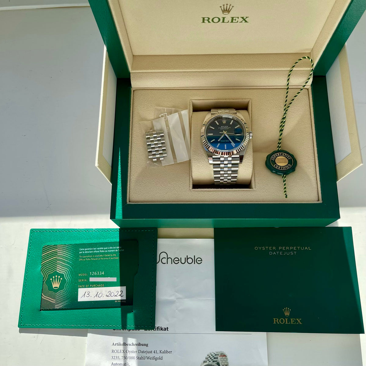 Datejust 41 / Blaues Zifferblatt / Jubilee Band / Weißgold Lünette (2022) - Juwelier Spliedt