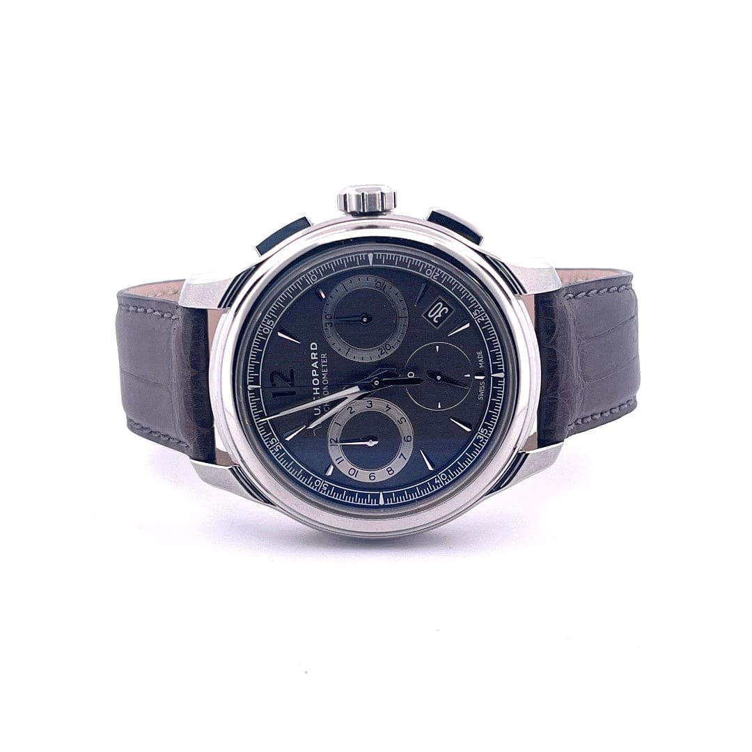 Chopard L.U.C Chrono One Flyback in Stahl mit blauem Zifferblatt und grauem Lederarmband