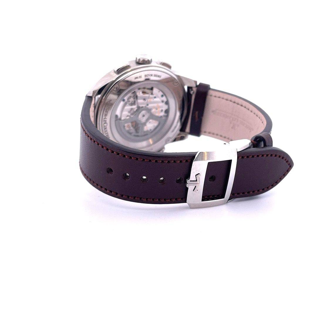 Jaeger LeCoultre Polaris Rückseite mit Saphirglasboden und dunkelbraunem Lederarmband mit Stiftschließe