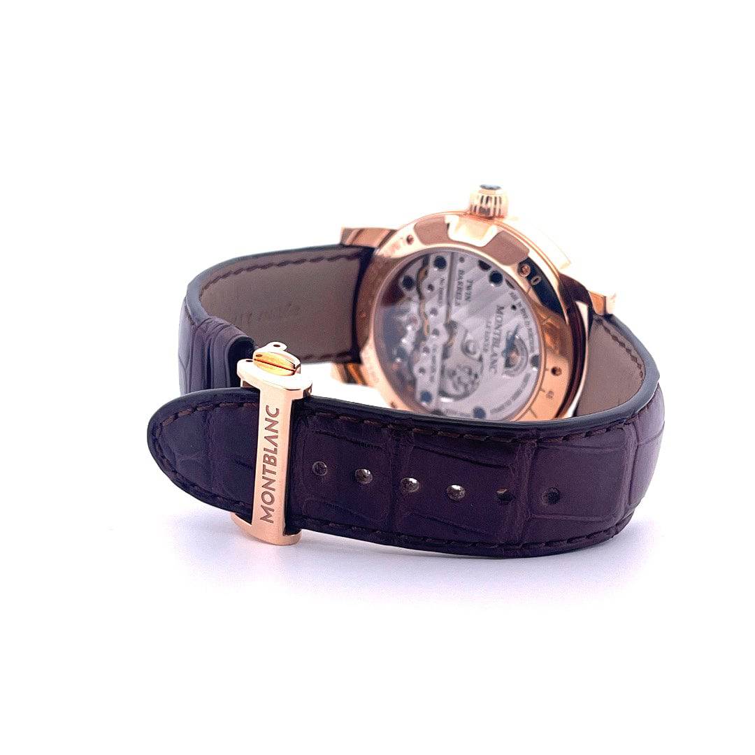 Montblanc Nicolas Rieussec Chronograph Anniversary Edition Ltd. 190 Rückseite mit sichtbarem Werk und Lederarmband