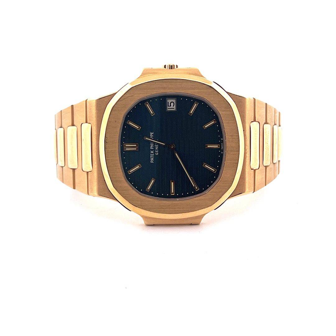 Patek Philippe Nautilus Jumbo Tritium Gelbgolduhr mit blauem Zifferblatt und Automatikwerk