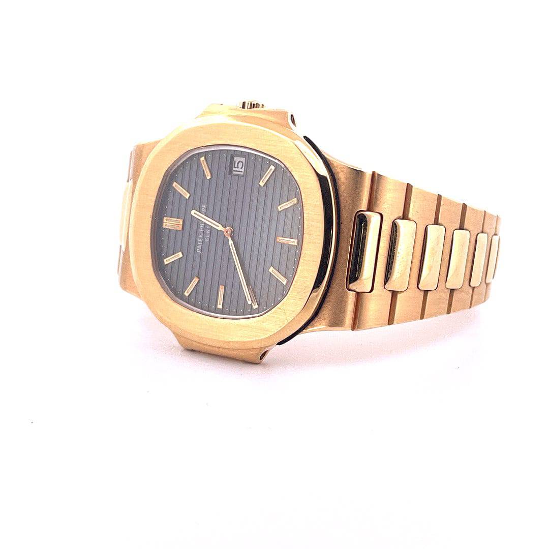 Patek Philippe Nautilus Jumbo Tritium Gelbgold Automatikuhr mit grauem Zifferblatt und goldenem Armband
