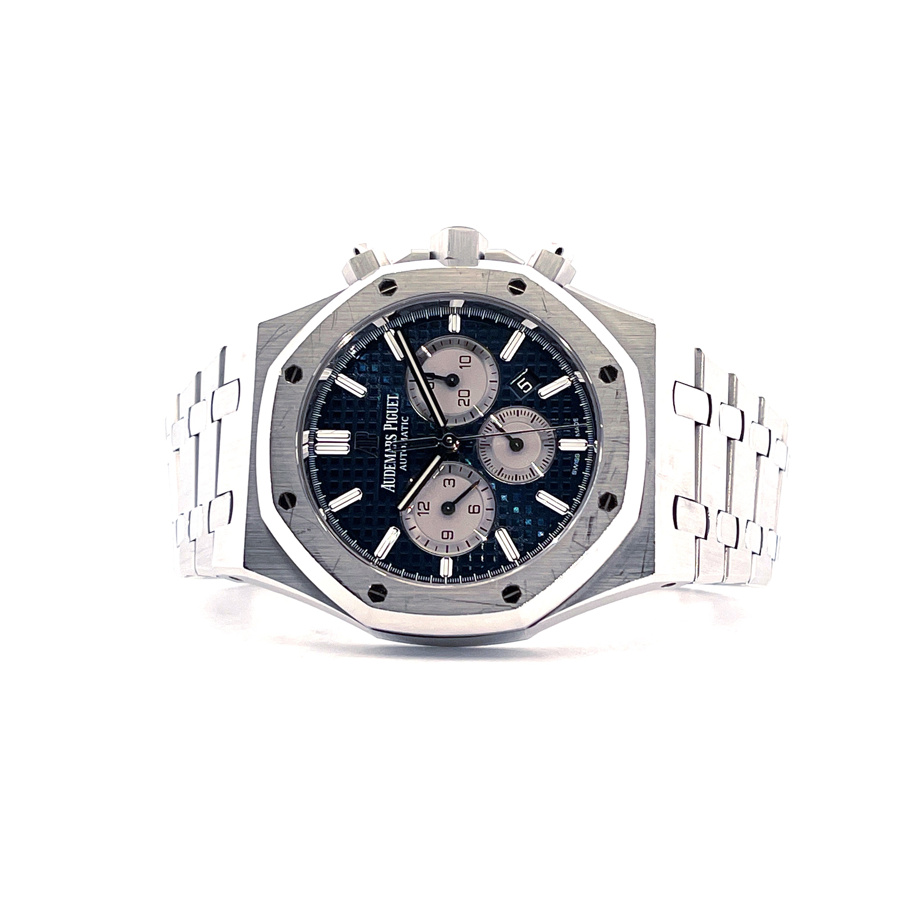 Audemars Piguet Royal Oak Chronograph, Edelstahl, blaues Zifferblatt mit drei Hilfszifferblättern