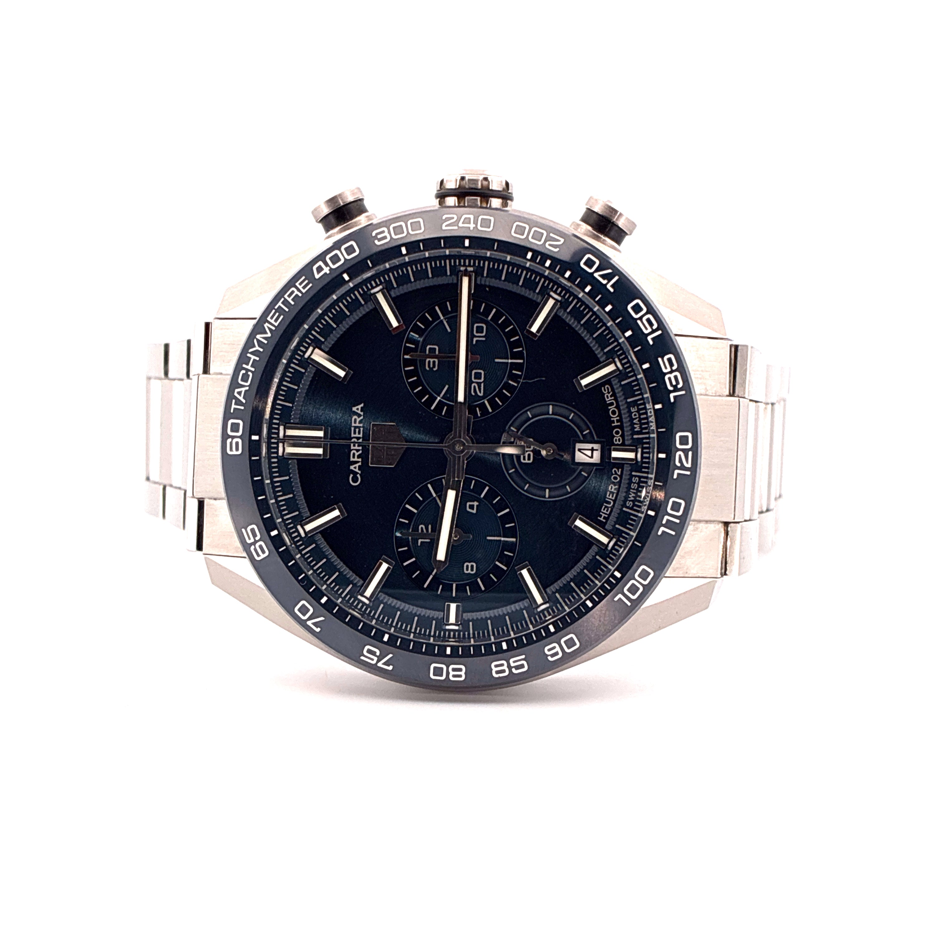 Tag Heuer Carrera Chronograph mit blauem Zifferblatt und Stahlarmband, gebraucht in sehr gutem Zustand