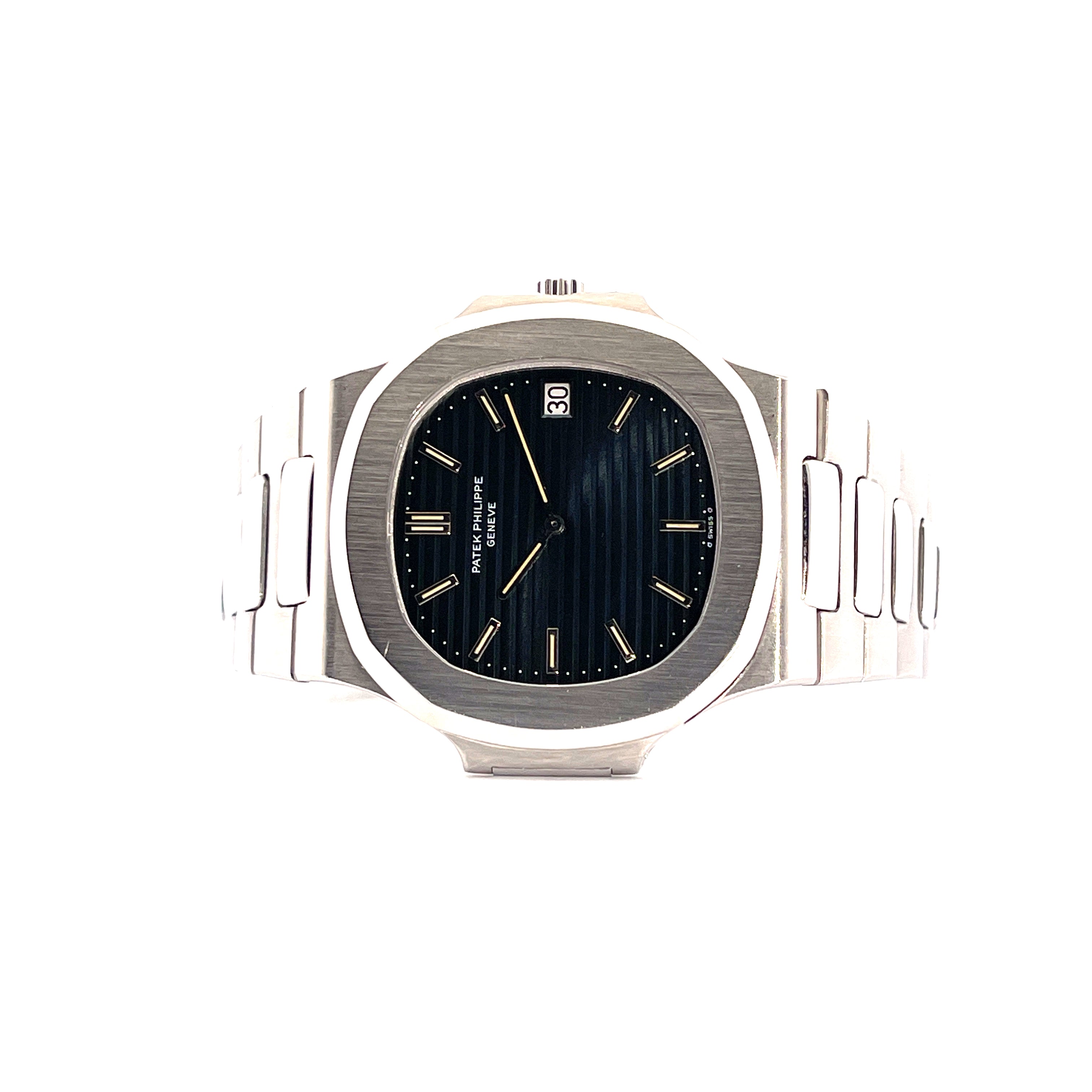 Patek Philippe Nautilus Jumbo 3700/1 aus Edelstahl mit blauem Zifferblatt und Datum, Frontansicht