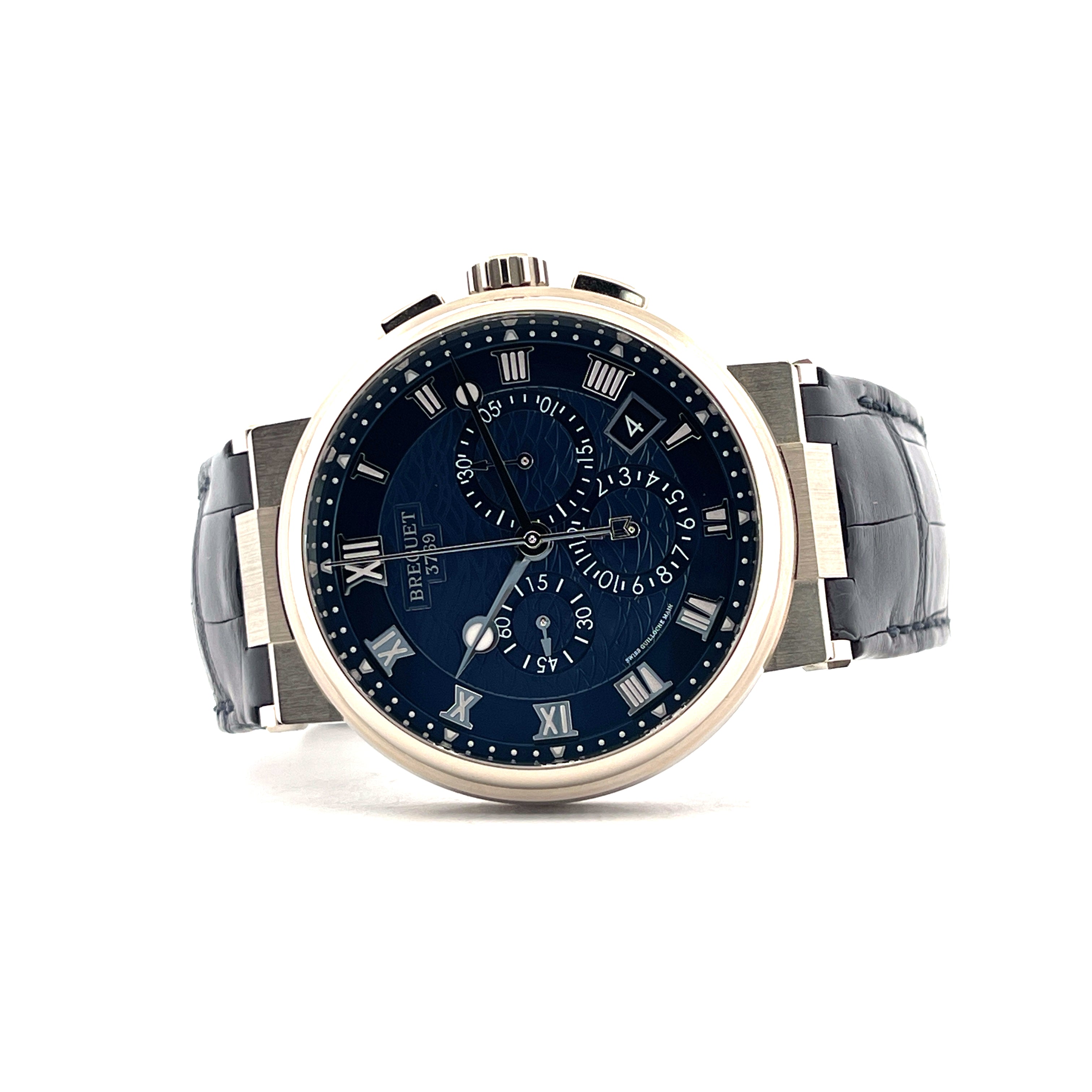 Breguet Marine Chronograph Roségold mit blauem Zifferblatt und blauem Lederarmband