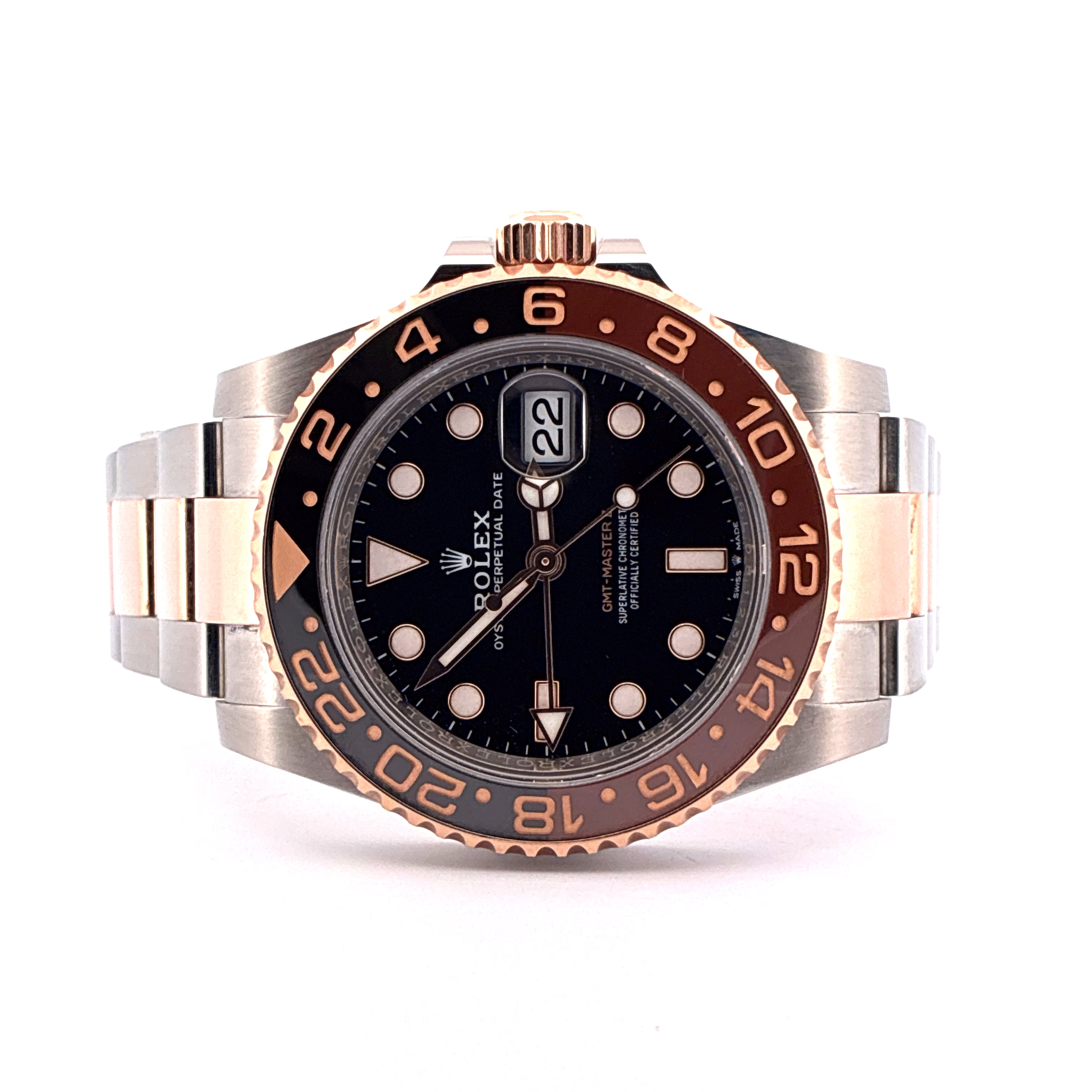 Rolex GMT-Master II Rootbeer aus Stahl und Roségold mit schwarzem Zifferblatt und zweifarbiger Lünette