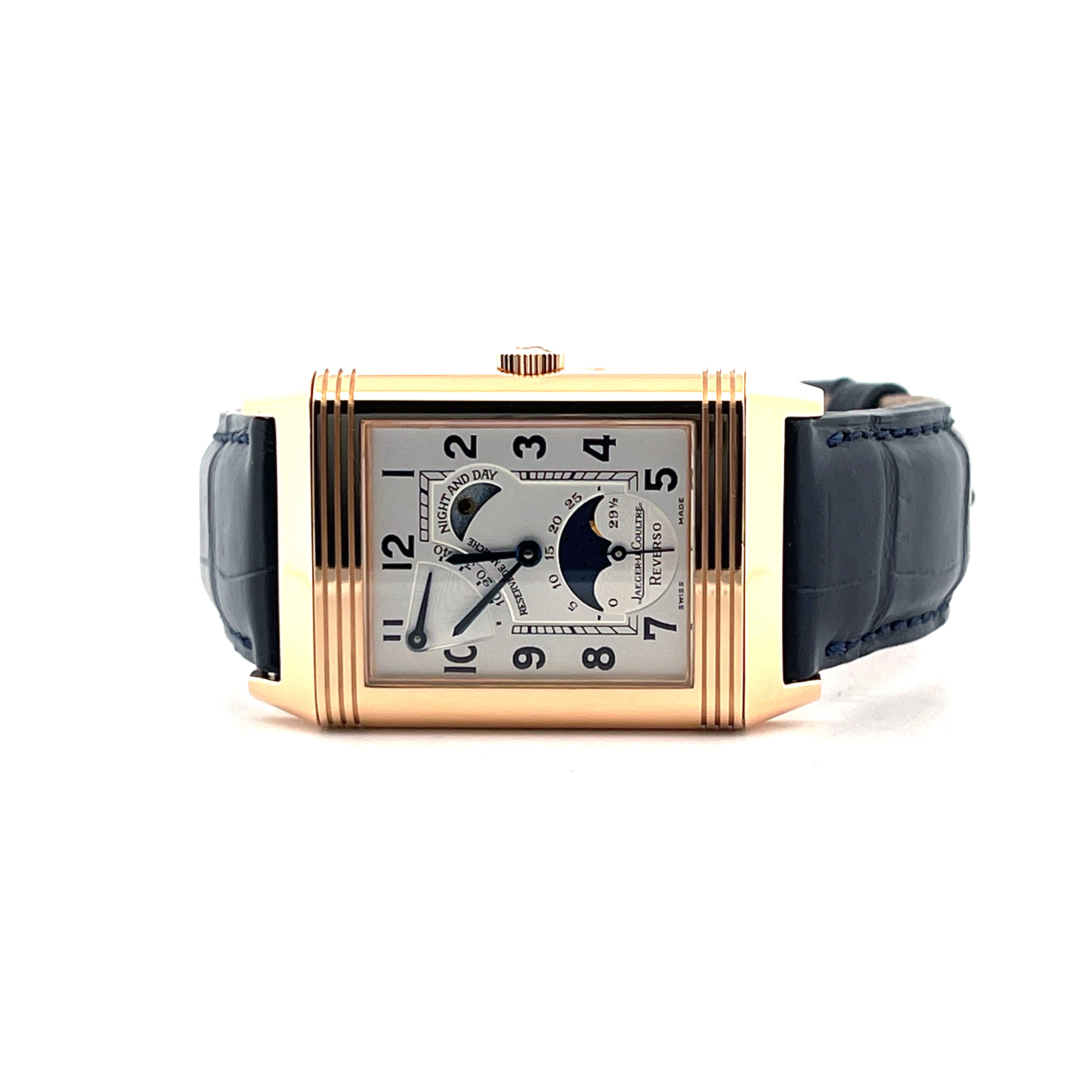 Reverso Sun Moon Roségold / 2 Straps / Leatherstrap new / On stock / 2 years Warranty / Box and Documents / pretty good Condition / Ref. 270.2.63