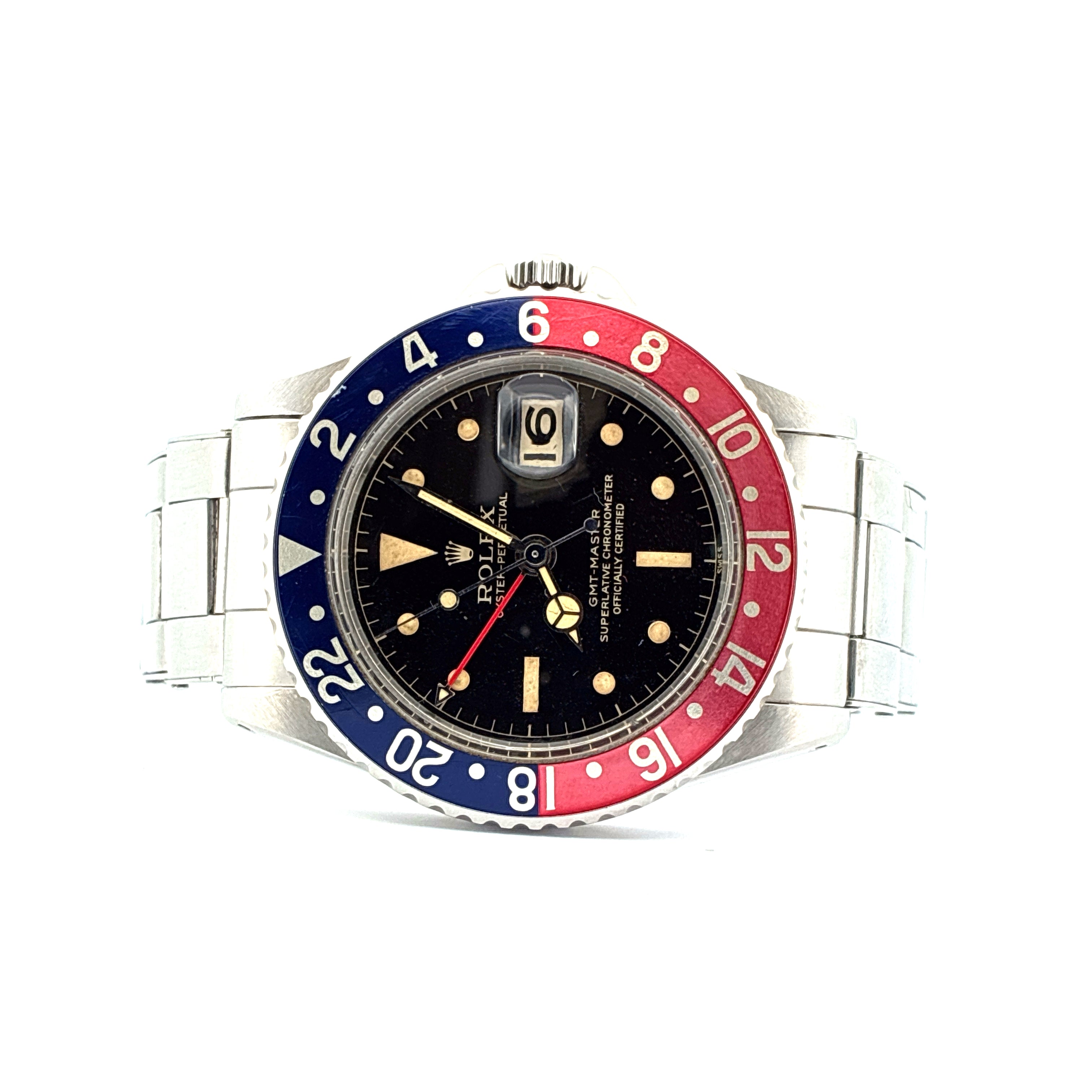 GMT-Master / Vintage / Radium / Pointed crown guard / org. Box / Glossy Gilt Dial / Vintage / 1963 / very good condt. / Rolex Rivet Stratch Bracelet