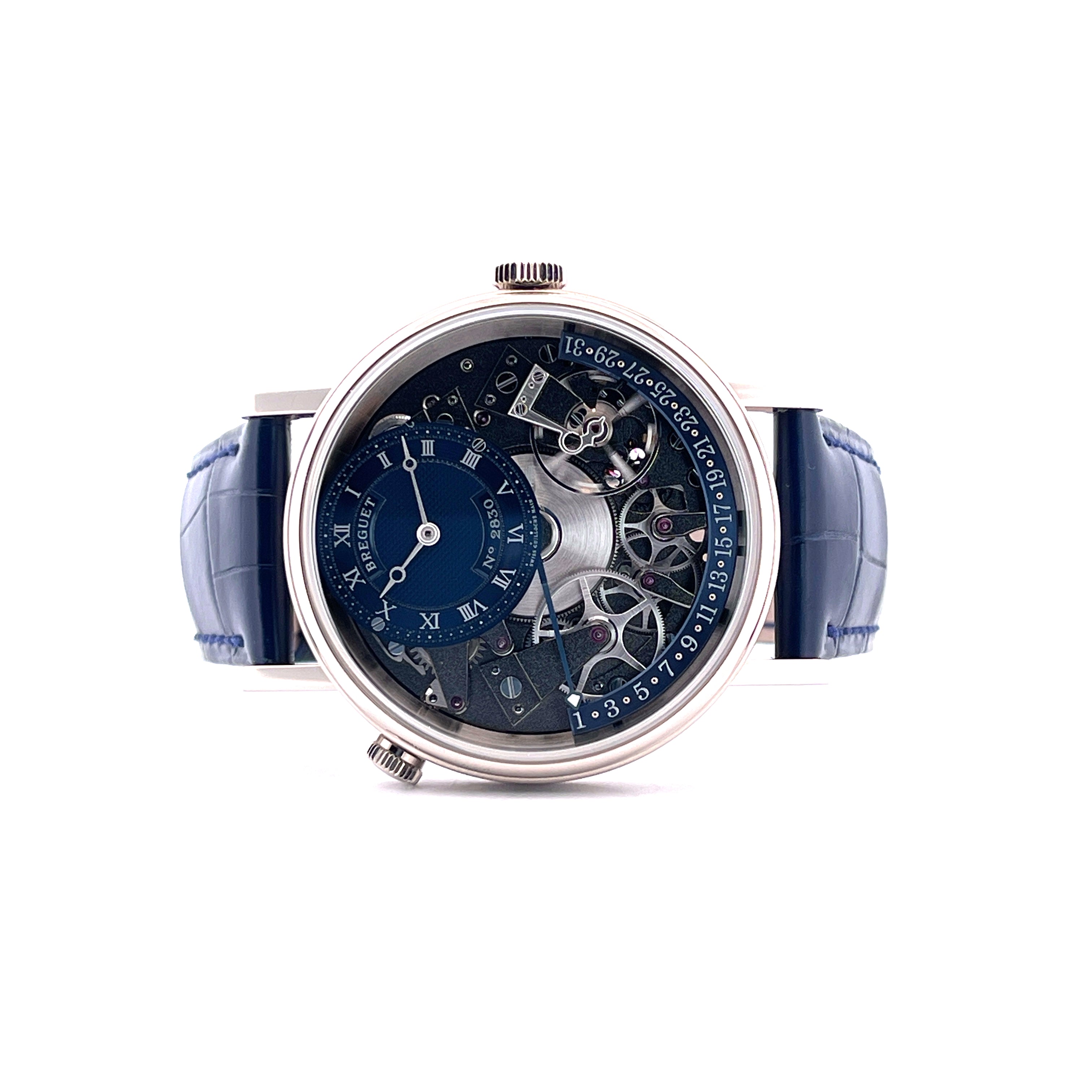 Breguet Tradition Quantieme Retrograde Automatic Weißgold mit blauem Lederarmband und skelettiertem Zifferblatt