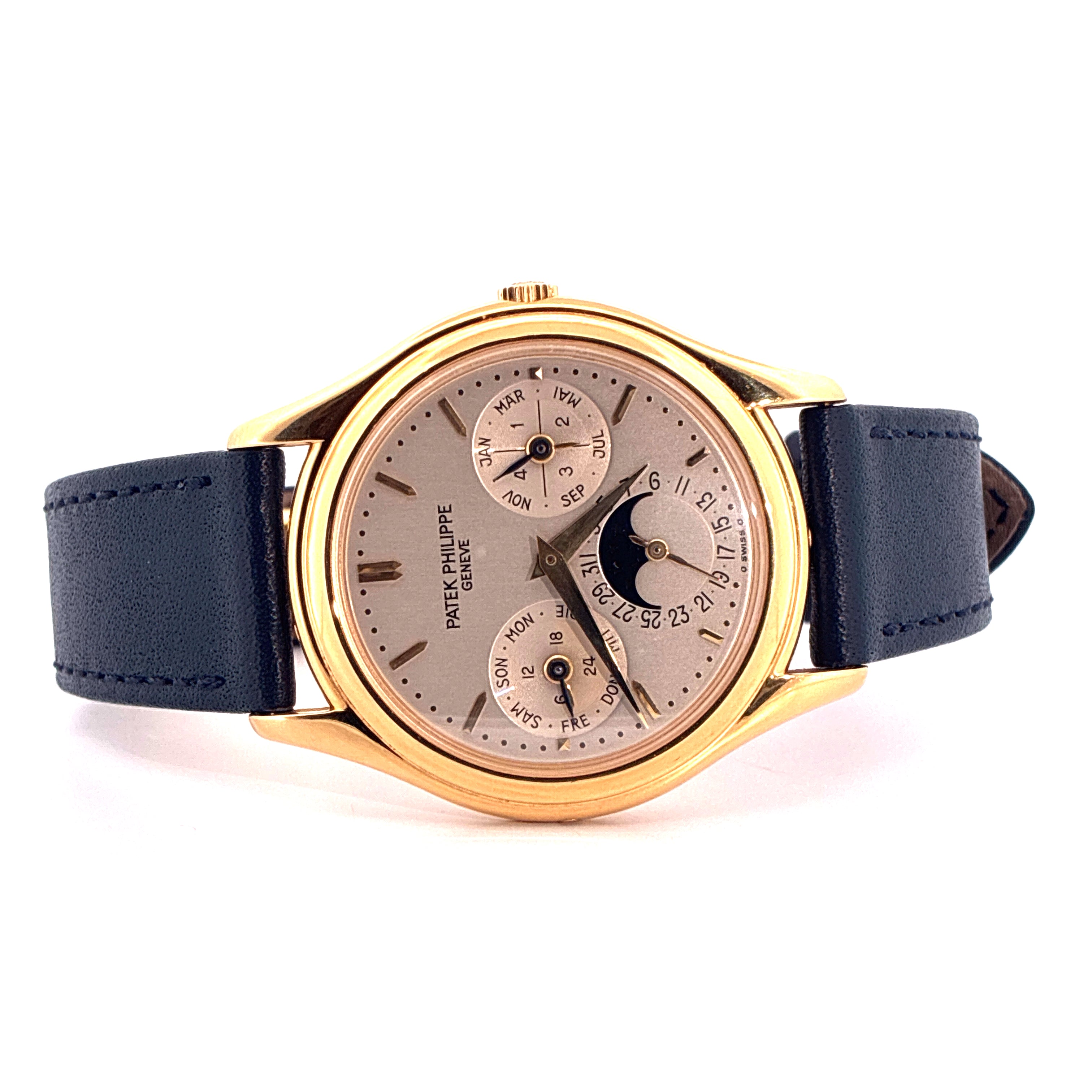 Patek Philippe Perpetual Calendar 3940J Gelbgold Uhr mit blauem Lederarmband und grauem Zifferblatt